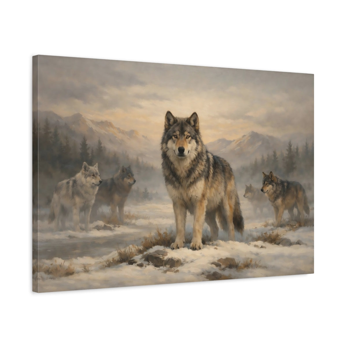 Side Mockup 2. Animals Wolves Winter Wolf Pack shown as stretched canvas wall art