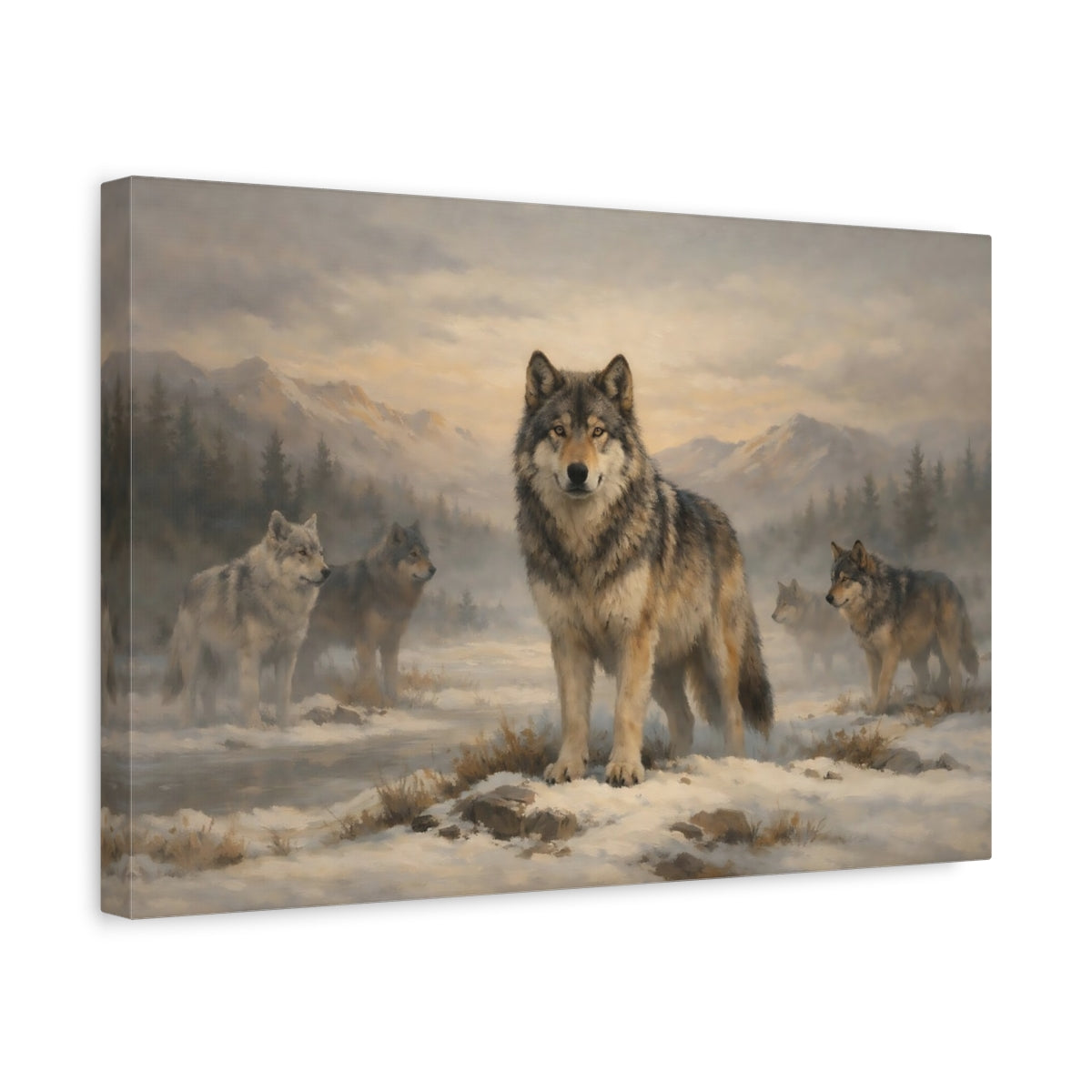 Side Mockup 4. Animals Wolves Winter Wolf Pack shown as stretched canvas wall art