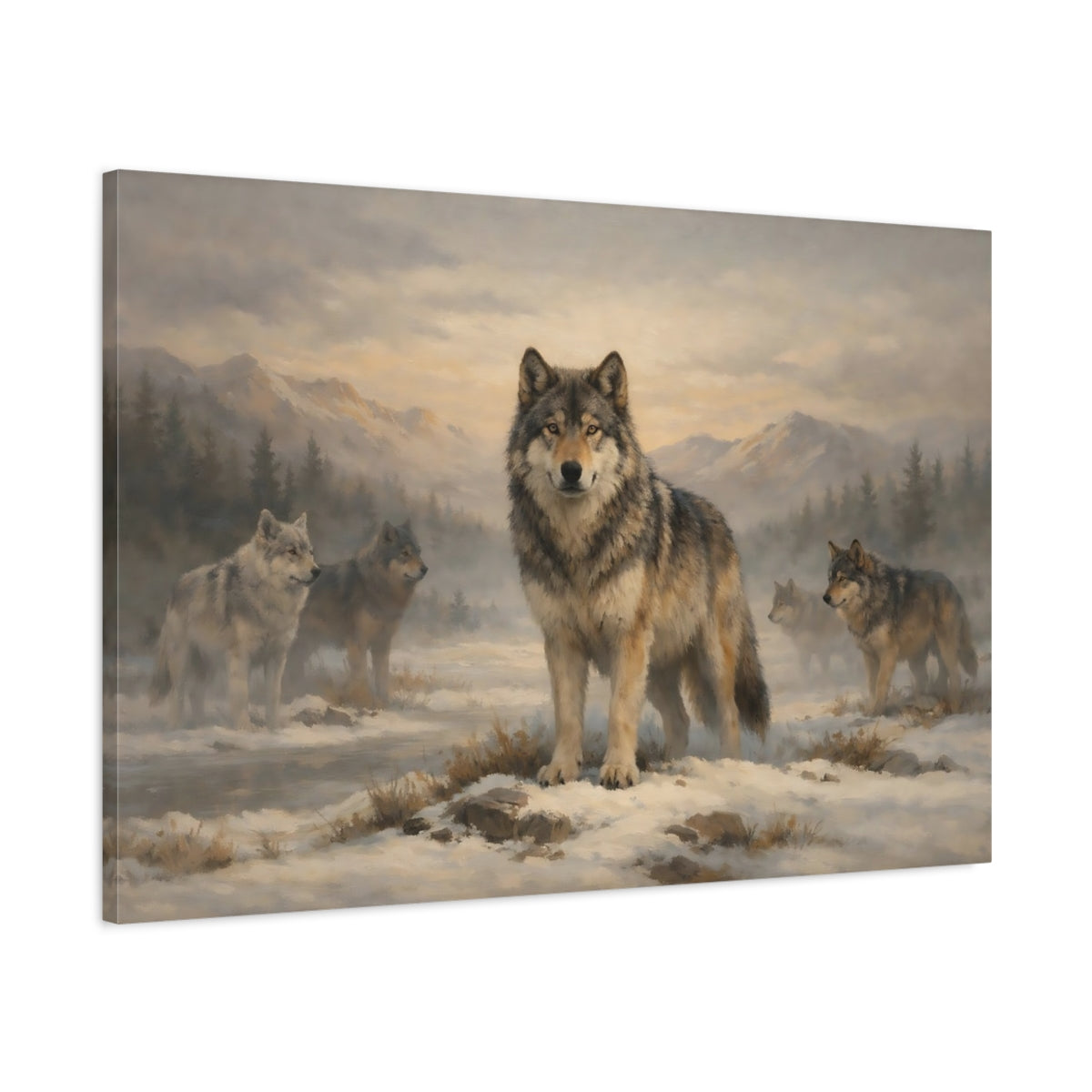 Side Mockup 1. Animals Wolves Winter Wolf Pack shown as stretched canvas wall art