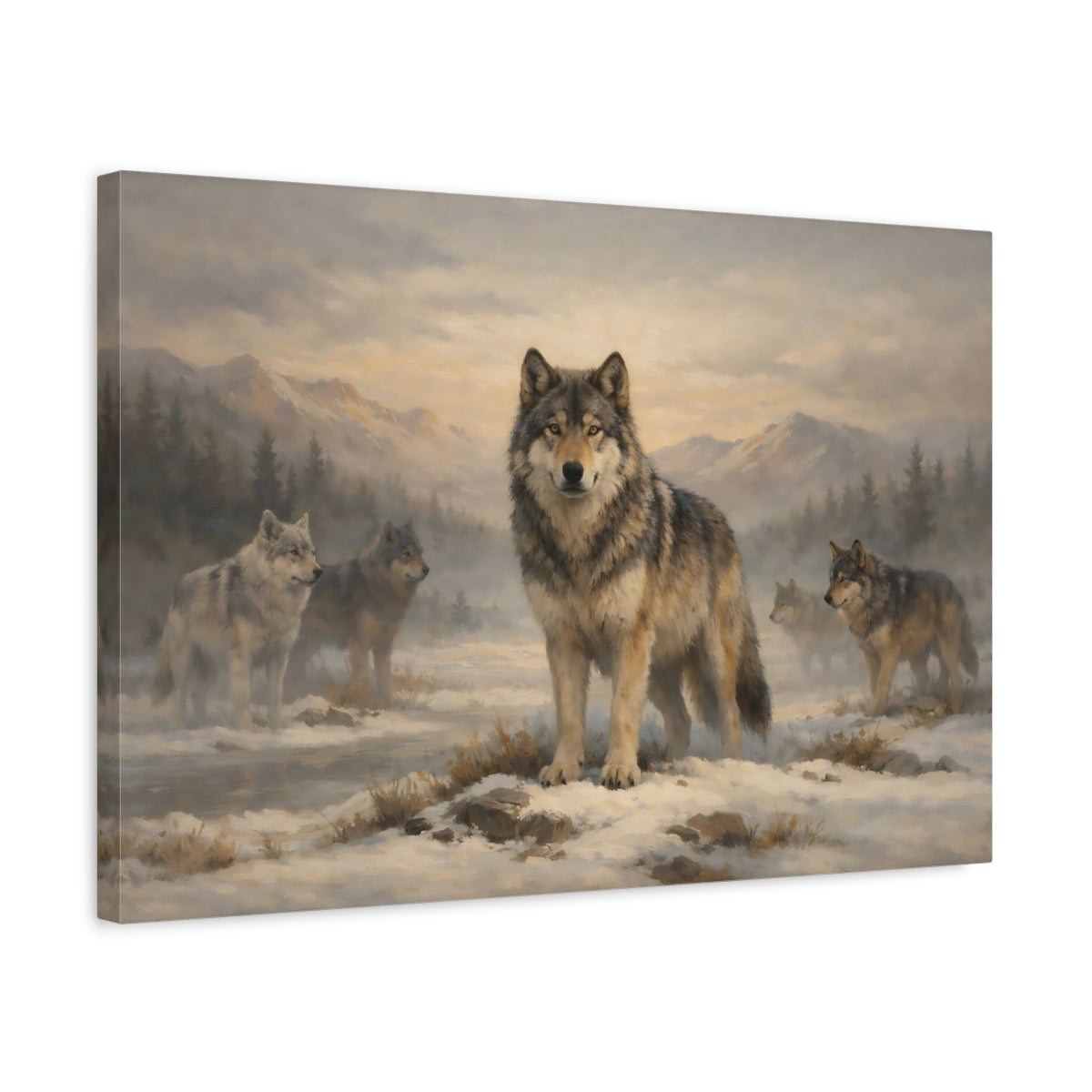 Side Mockup 3. Animals Wolves Winter Wolf Pack shown as stretched canvas wall art