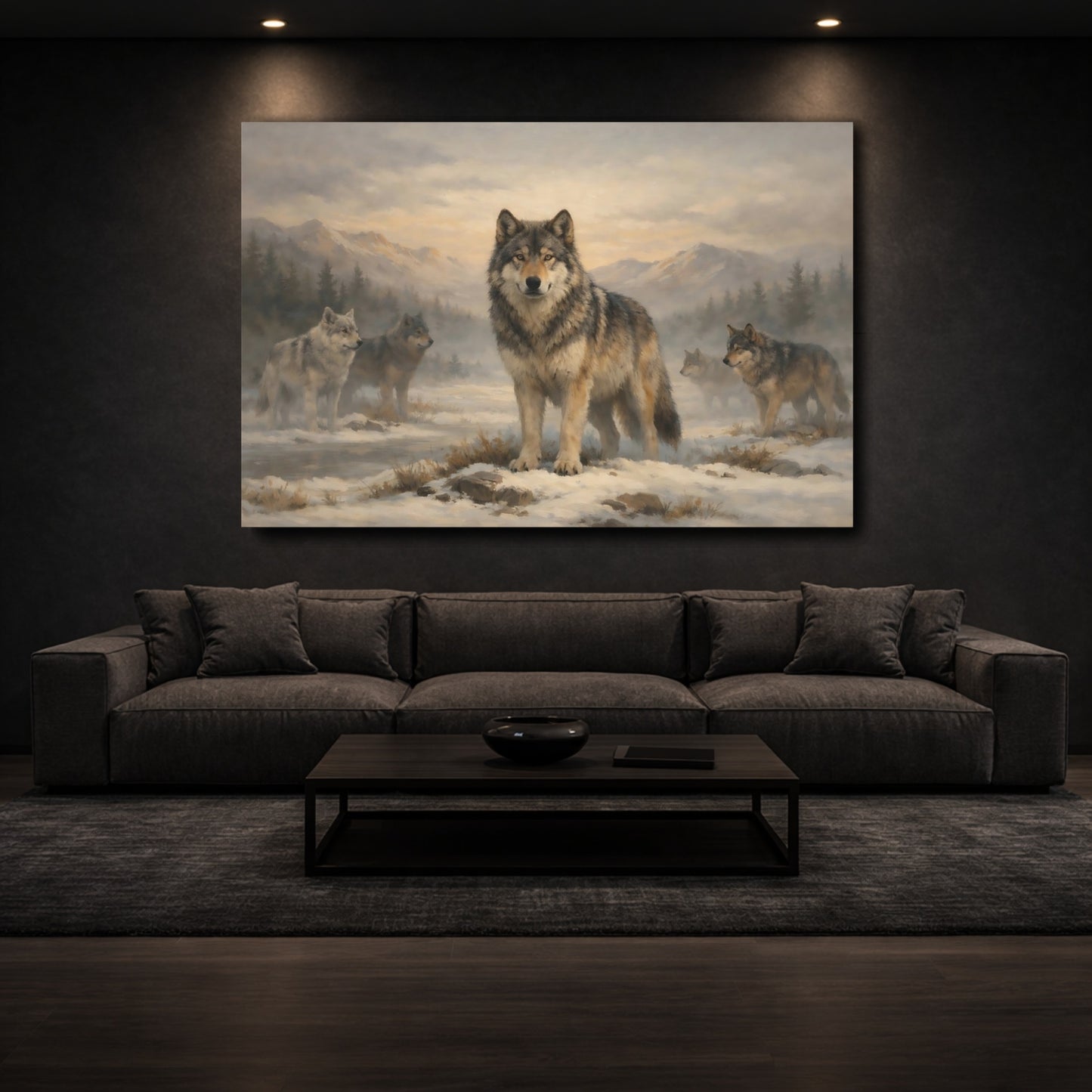 Mockup 2. Animals Wolves Winter Wolf Pack shown as stretched canvas wall art
