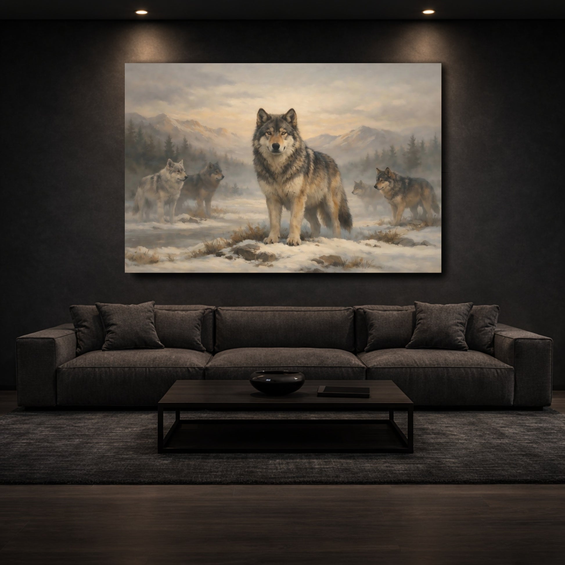 Mockup 2. Animals Wolves Winter Wolf Pack shown as stretched canvas wall art