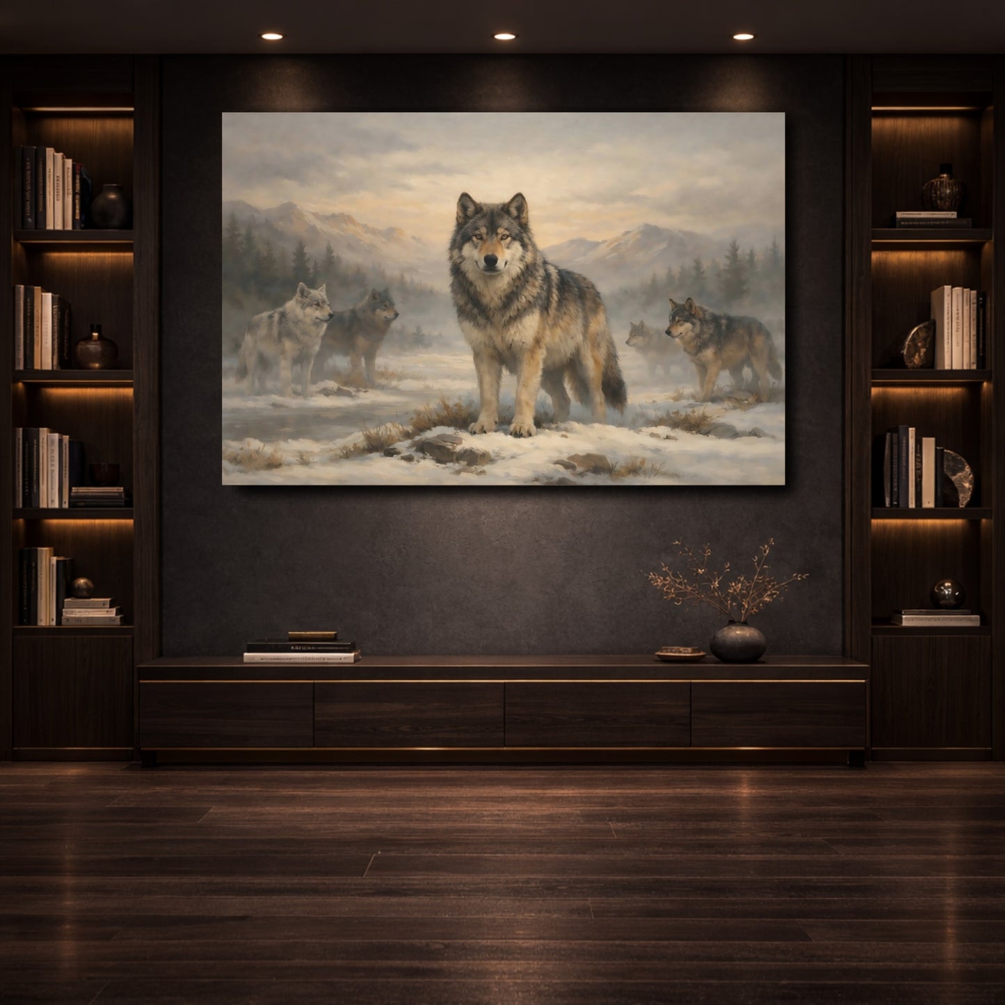 Mockup 3. Animals Wolves Winter Wolf Pack shown as stretched canvas wall art