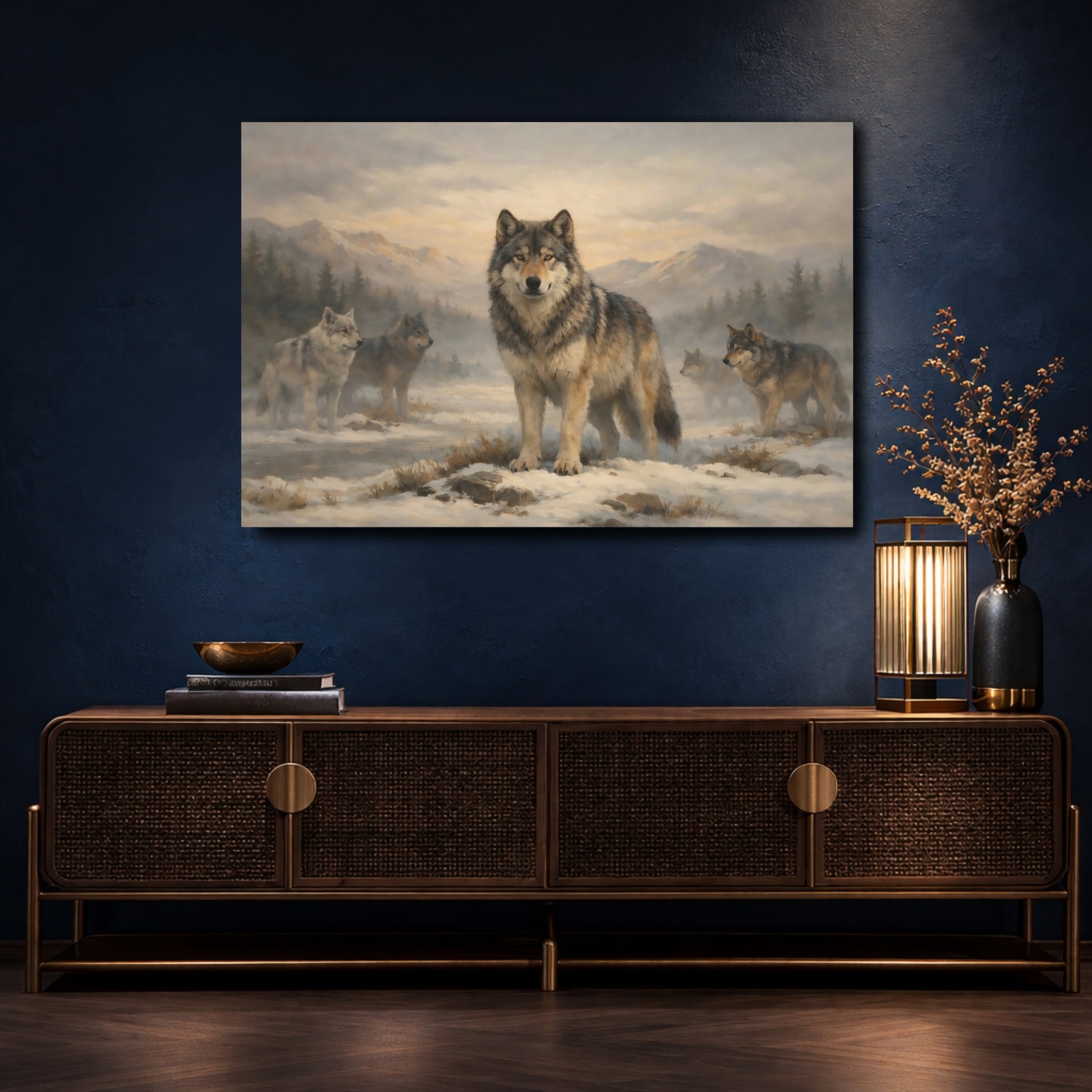 Mockup 4. Animals Wolves Winter Wolf Pack shown as stretched canvas wall art