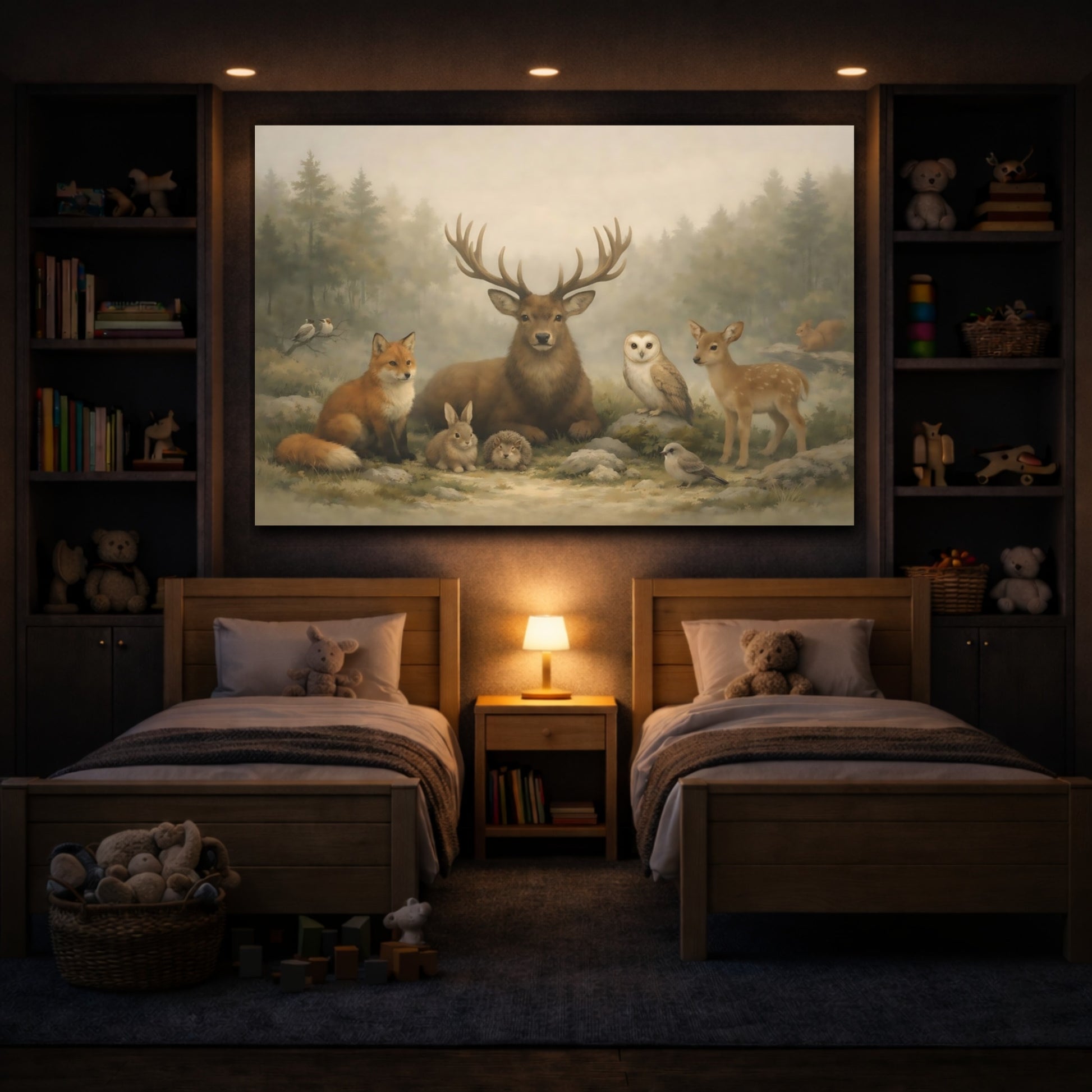Animals Woodland Animals Misty Woodland Animals shown as front canvas room wall art