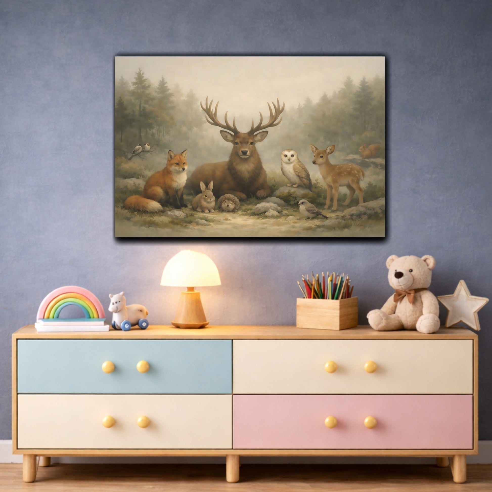Animals Woodland Animals Misty Woodland Animals shown as front canvas room wall art
