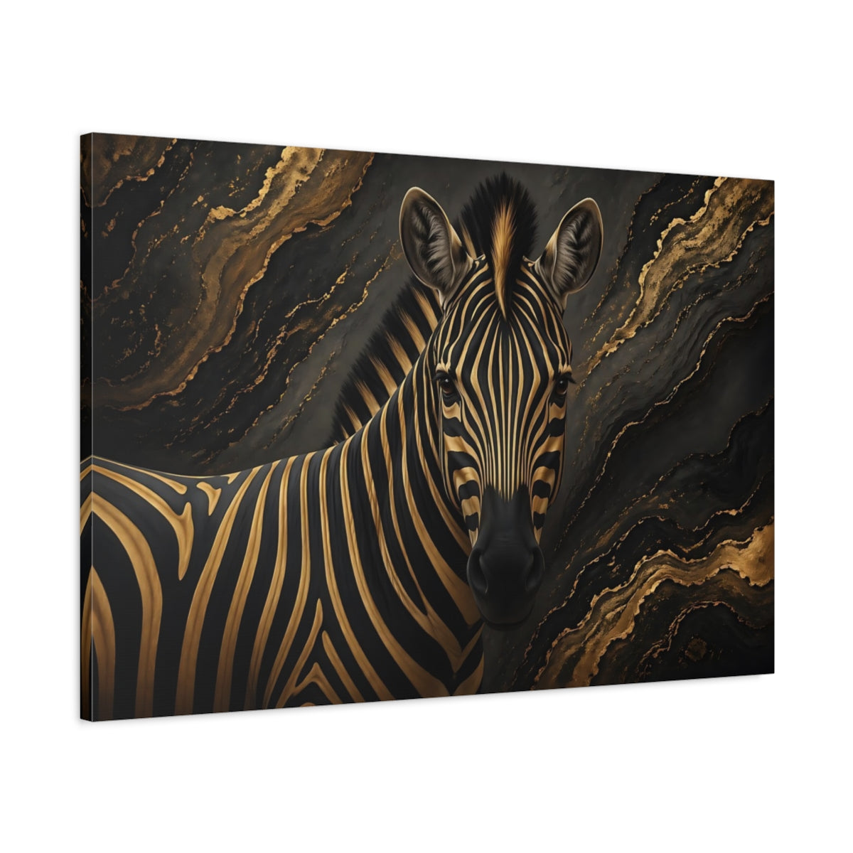 Main Mockup. Animals Zebra Black And Gold shown as stretched canvas wall art