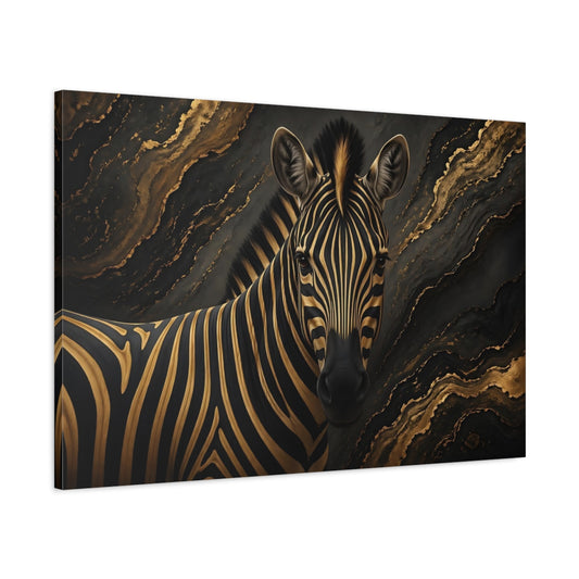 Main Mockup. Animals Zebra Black And Gold shown as stretched canvas wall art