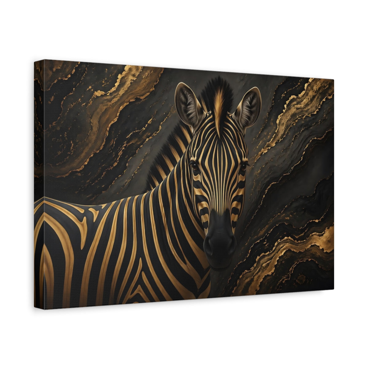 Side Mockup 4. Animals Zebra Black And Gold shown as stretched canvas wall art