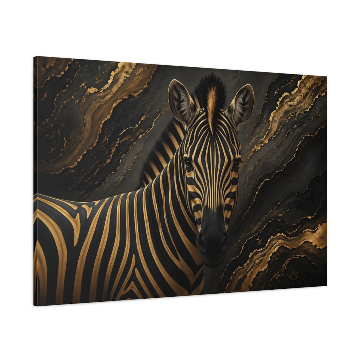 Side Mockup 1. Animals Zebra Black And Gold shown as stretched canvas wall art