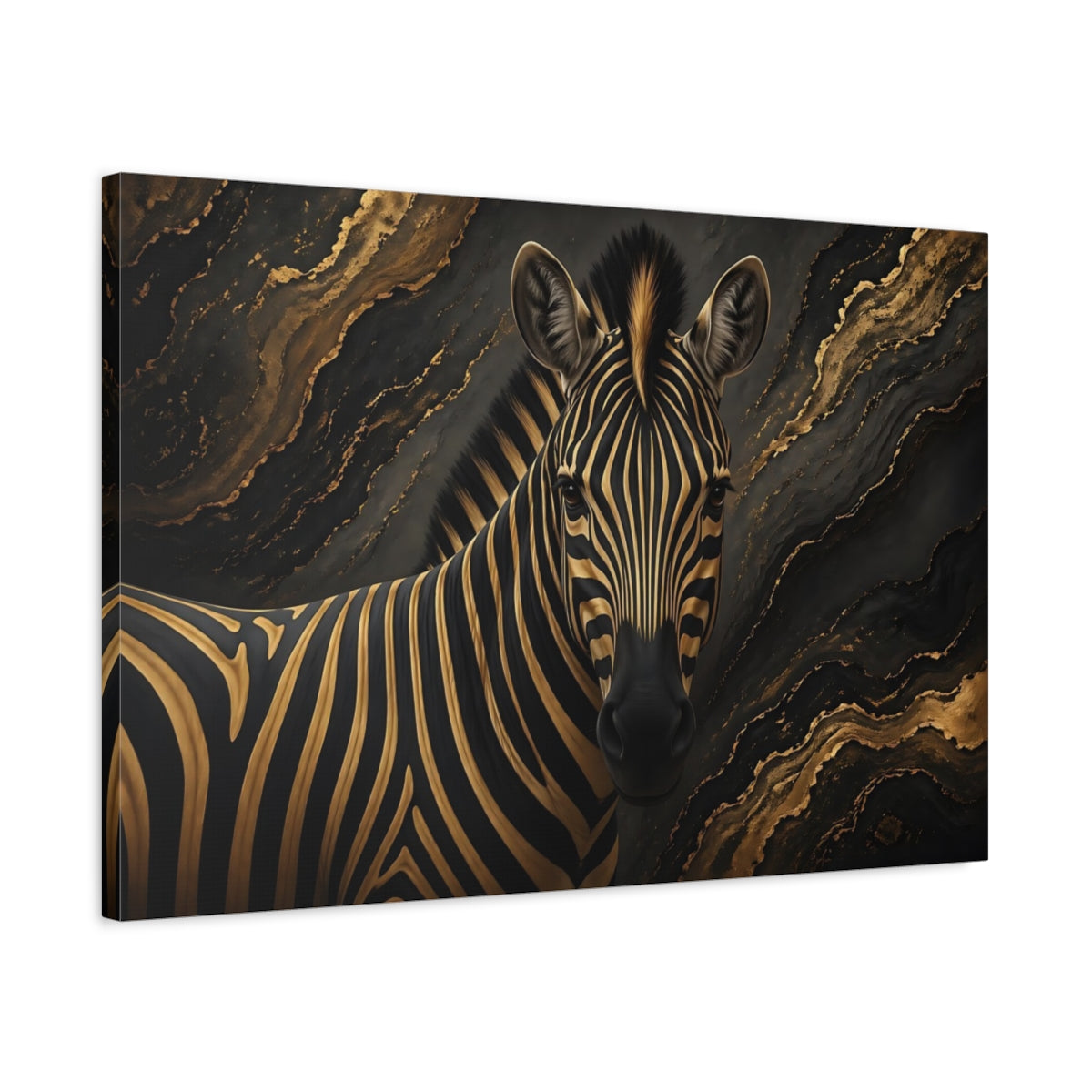 Side Mockup 2. Animals Zebra Black And Gold shown as stretched canvas wall art