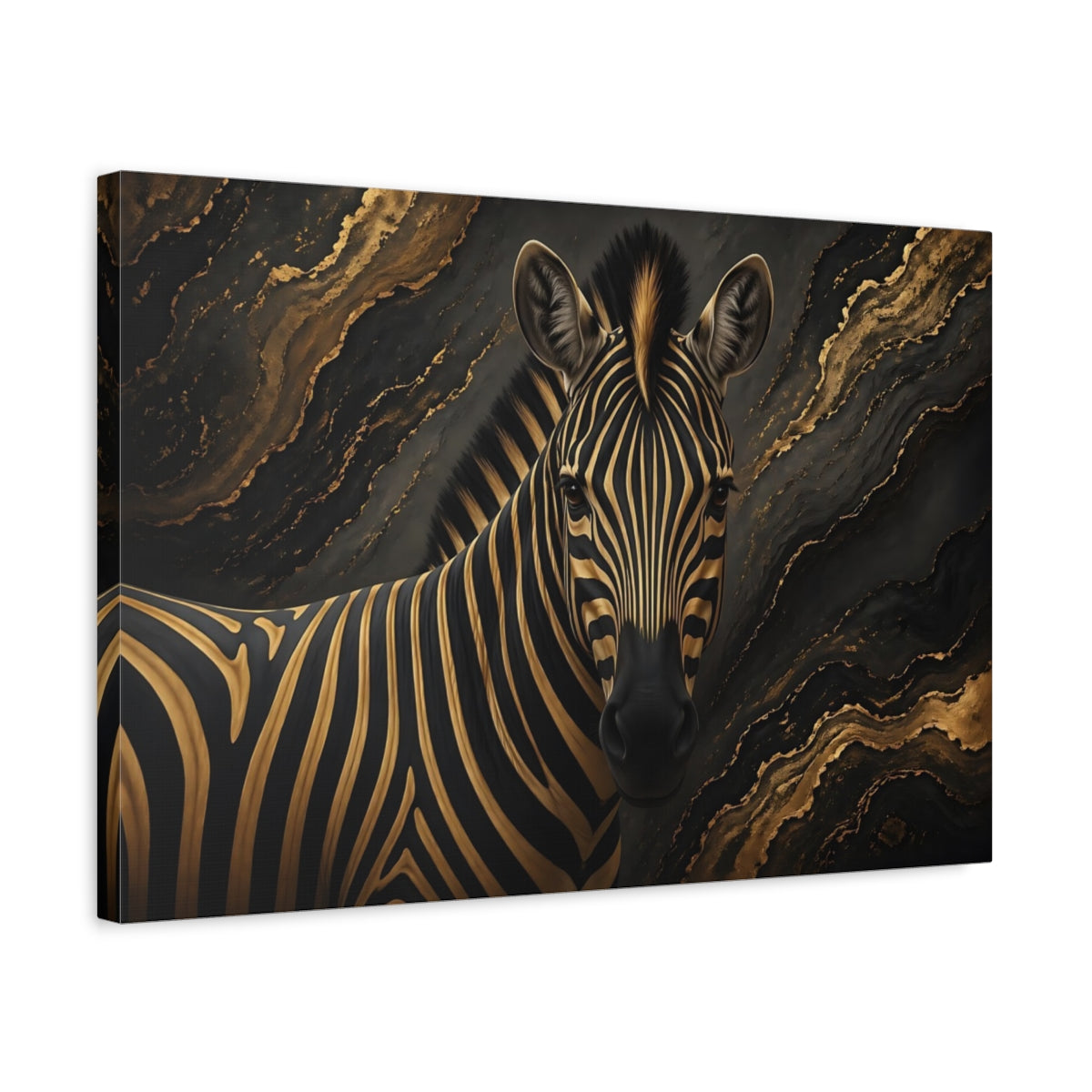 Side Mockup 3. Animals Zebra Black And Gold shown as stretched canvas wall art