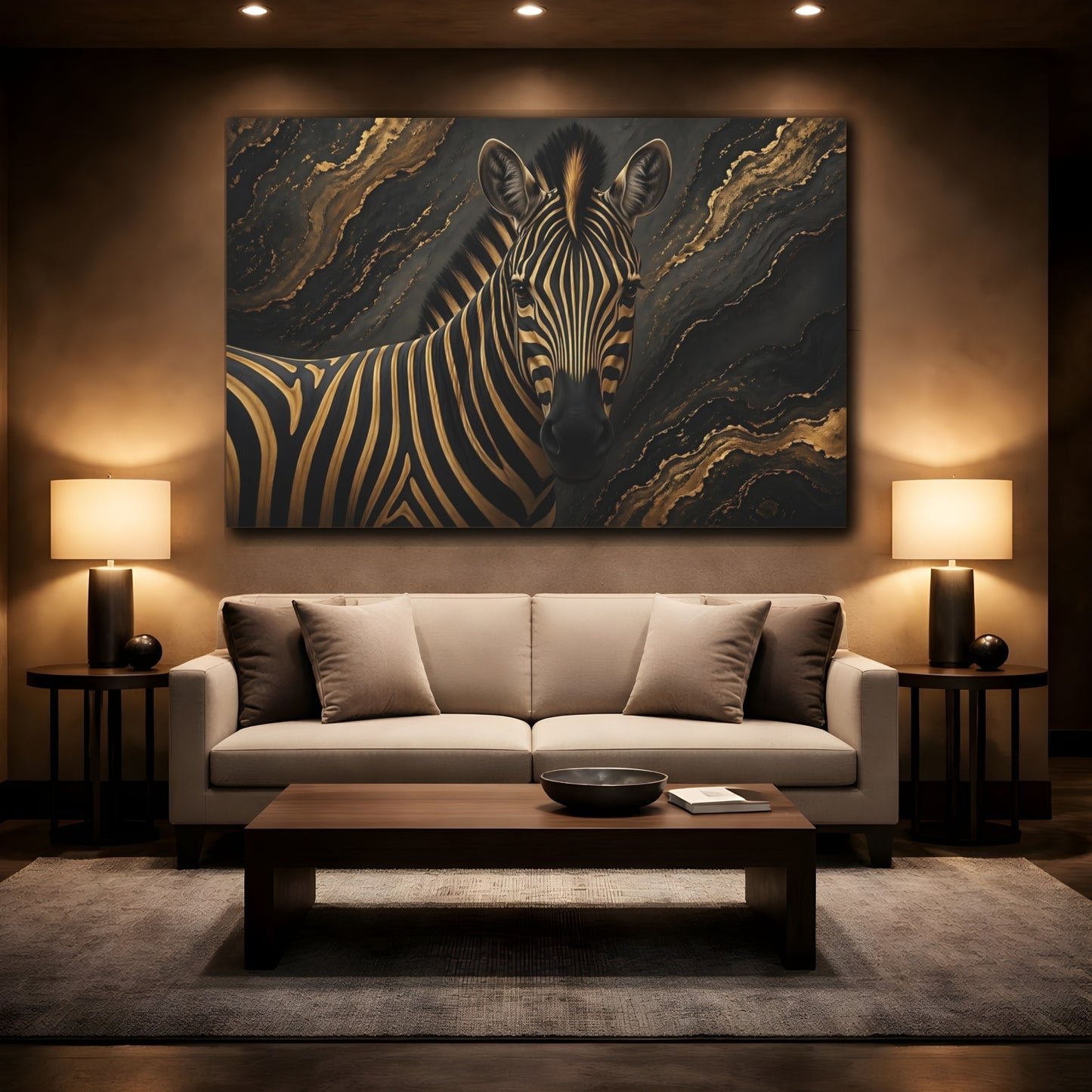Mockup 2. Animals Zebra Black And Gold shown as stretched canvas wall art