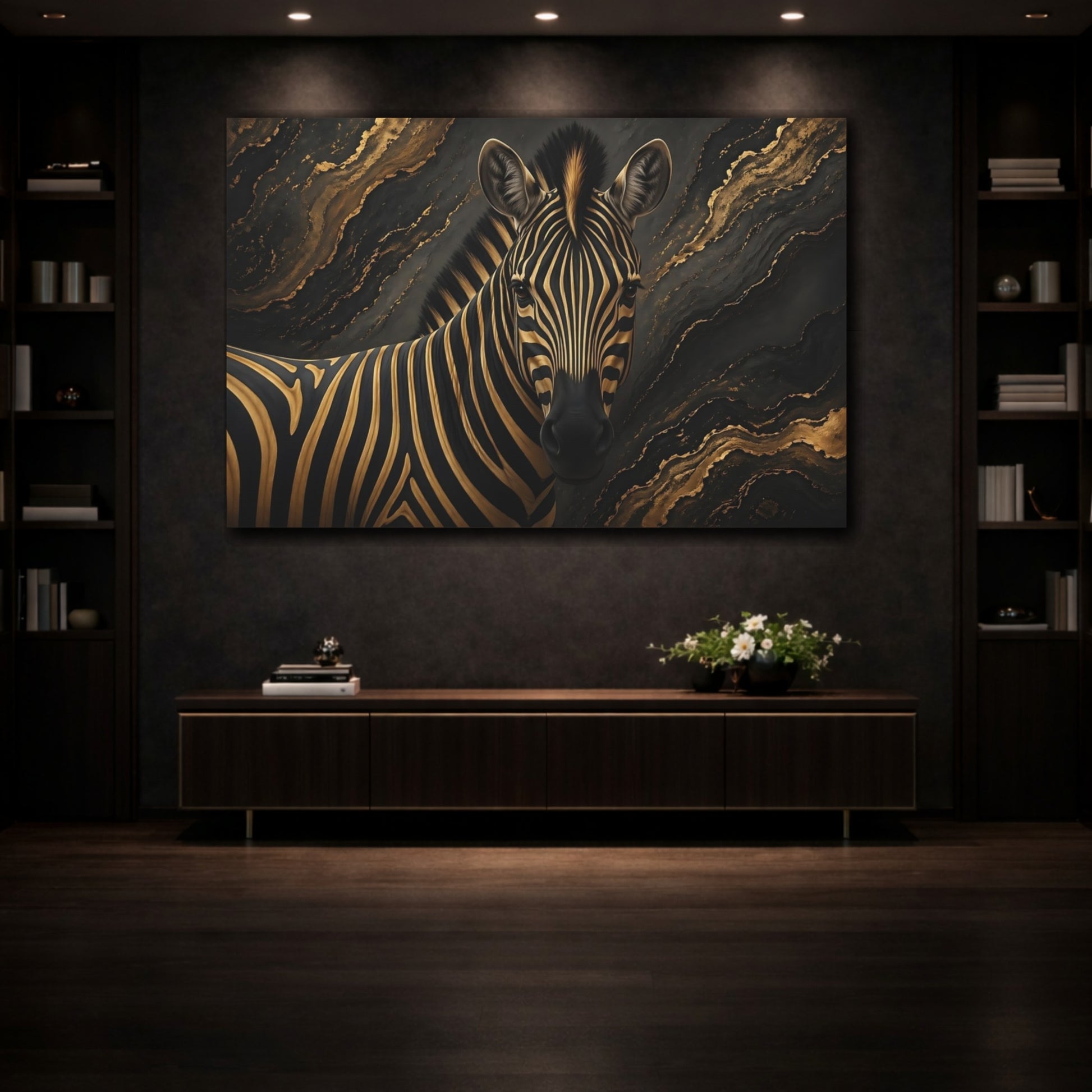 Mockup 3. Animals Zebra Black And Gold shown as stretched canvas wall art