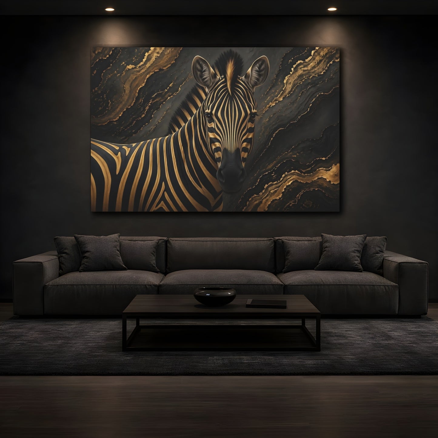 Mockup 4. Animals Zebra Black And Gold shown as stretched canvas wall art