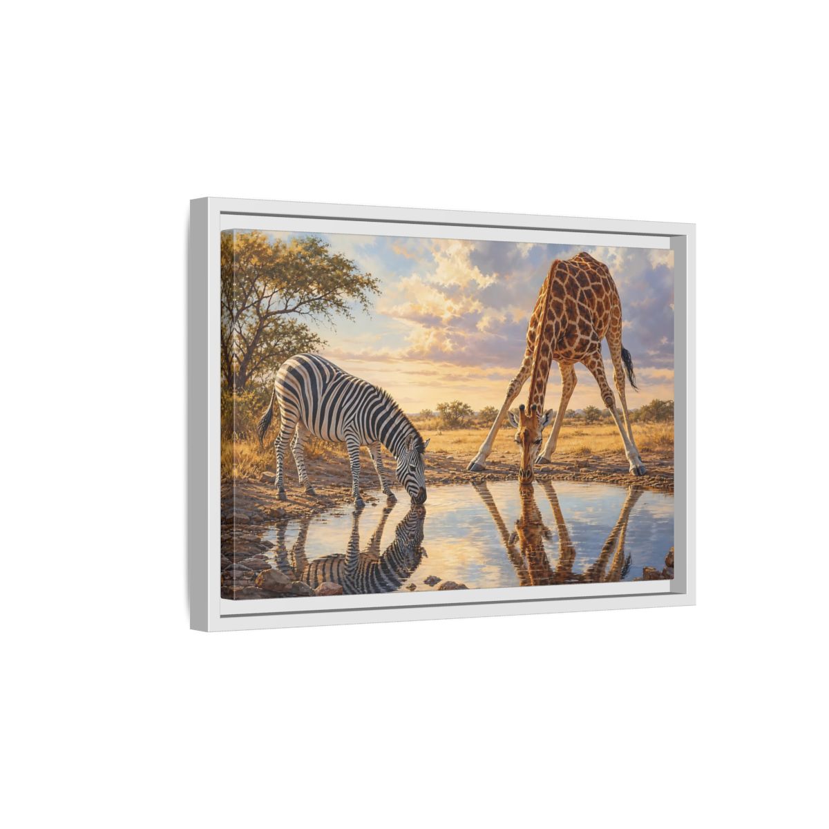 Side Mockup 4. Animals Zebra, Giraffe Safari Animals Sunset shown as stretched canvas wall art