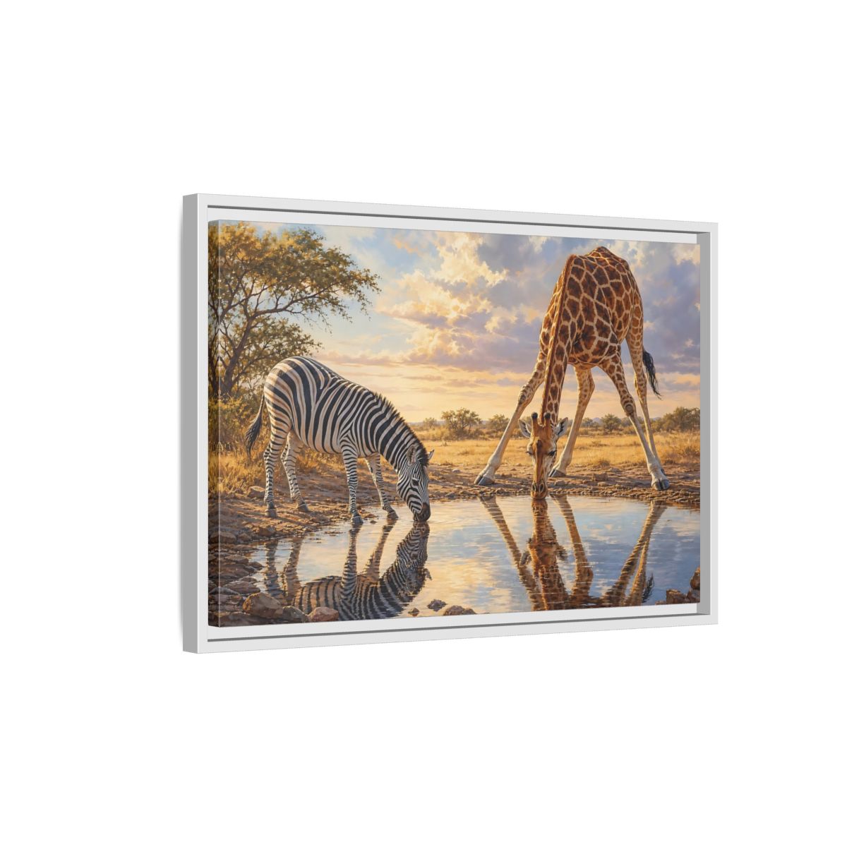 Side Mockup 1. Animals Zebra, Giraffe Safari Animals Sunset shown as stretched canvas wall art