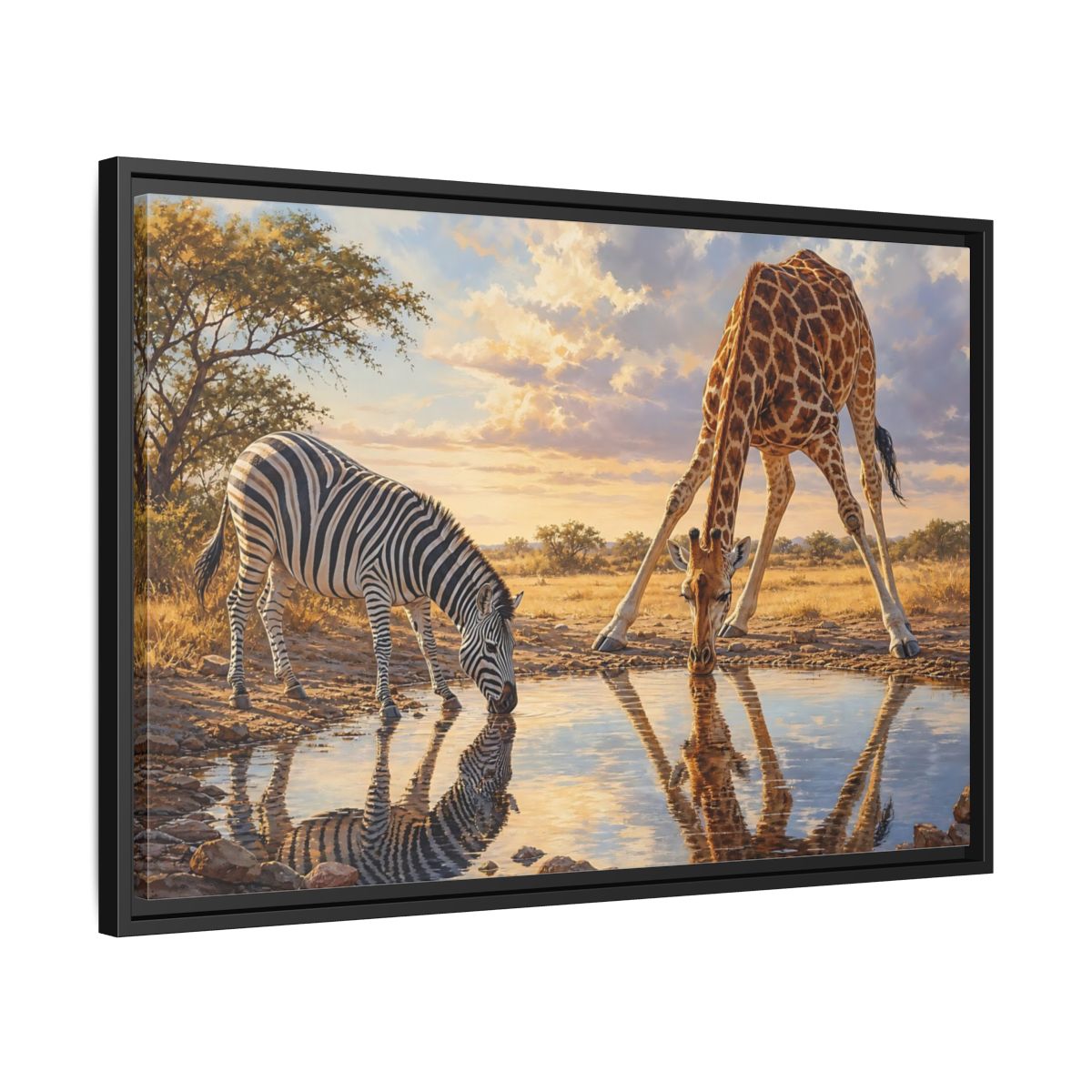 Side Mockup 14. Animals Zebra, Giraffe Safari Animals Sunset shown as stretched canvas wall art