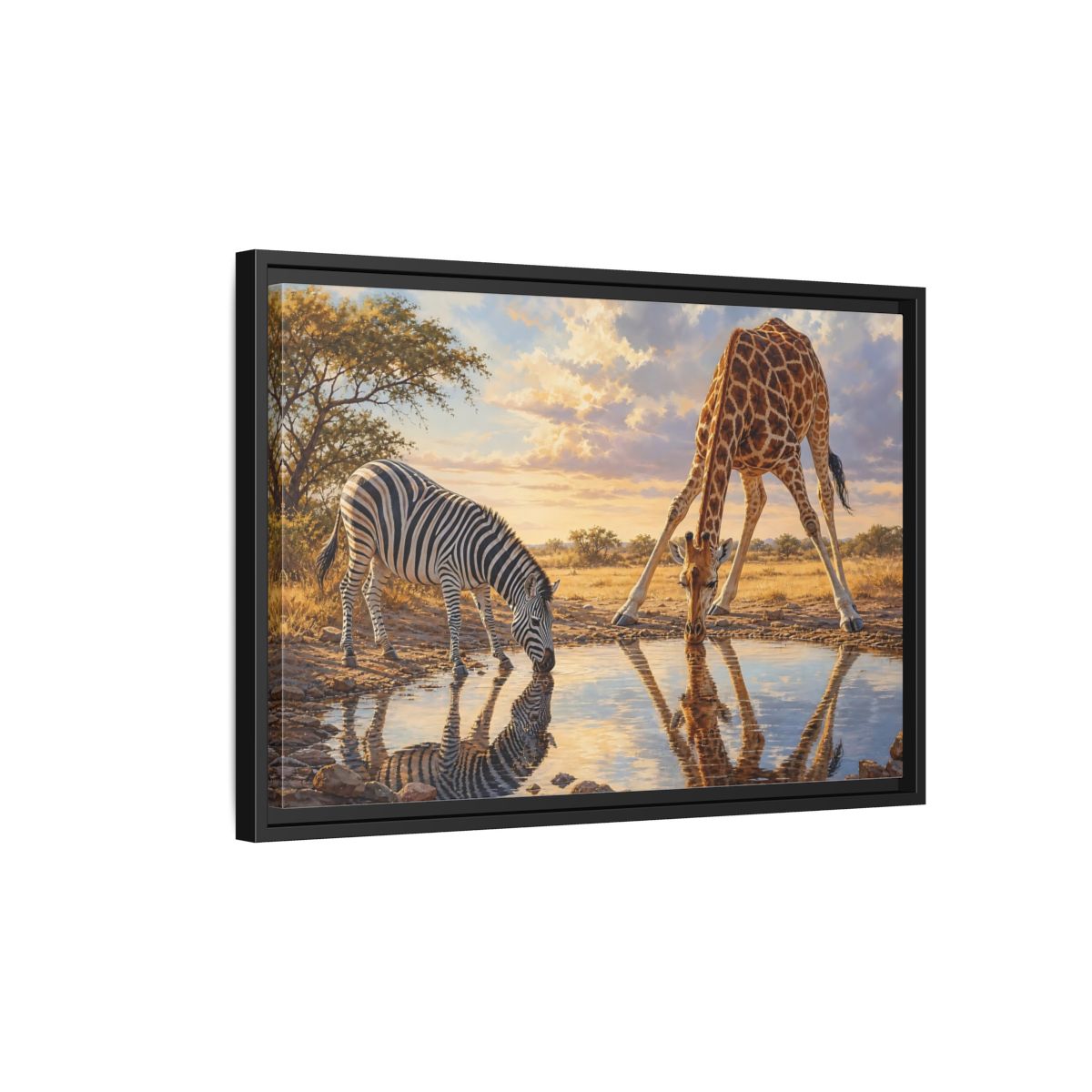 Side Mockup 3. Animals Zebra, Giraffe Safari Animals Sunset shown as stretched canvas wall art