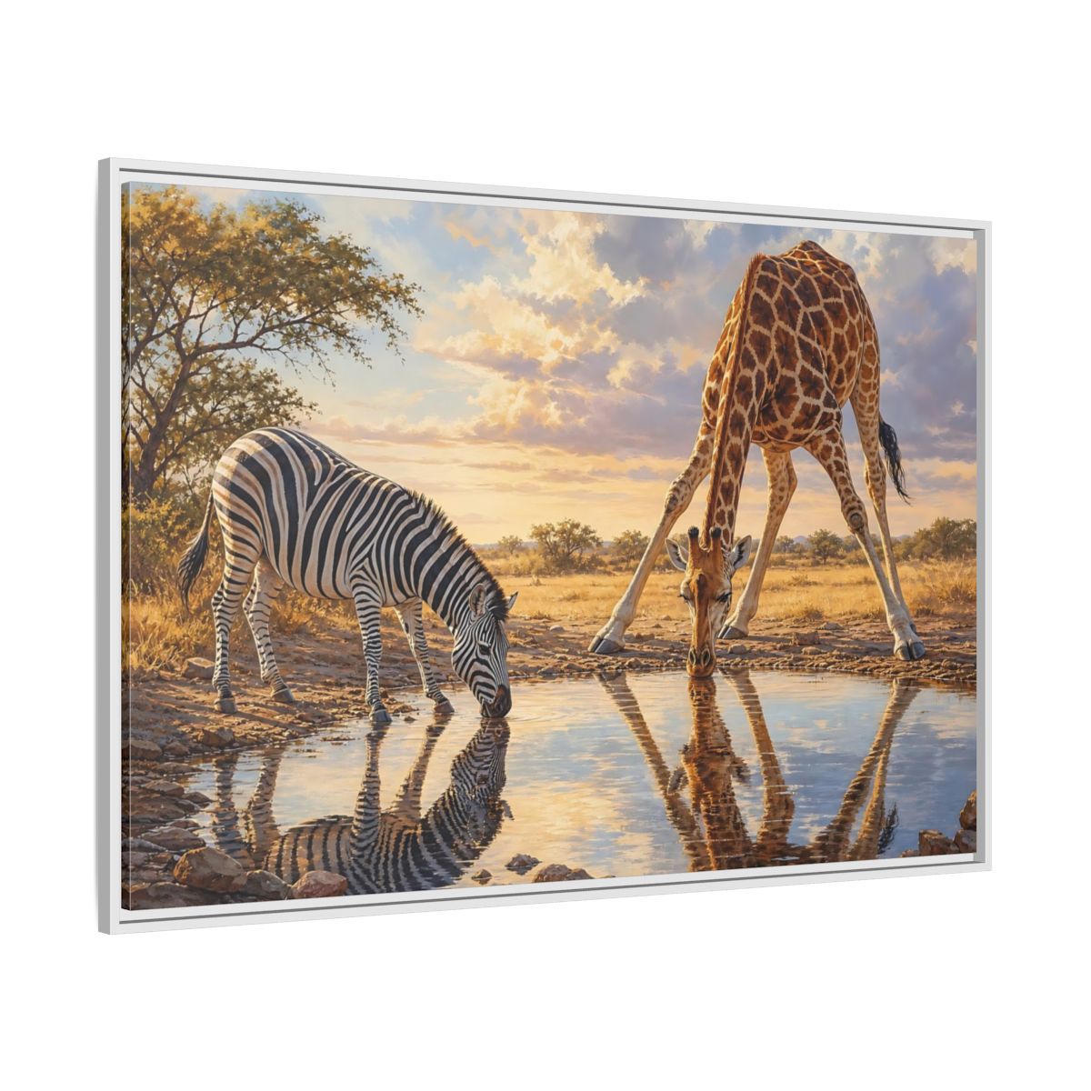 Side Mockup 7. Animals Zebra, Giraffe Safari Animals Sunset shown as stretched canvas wall art