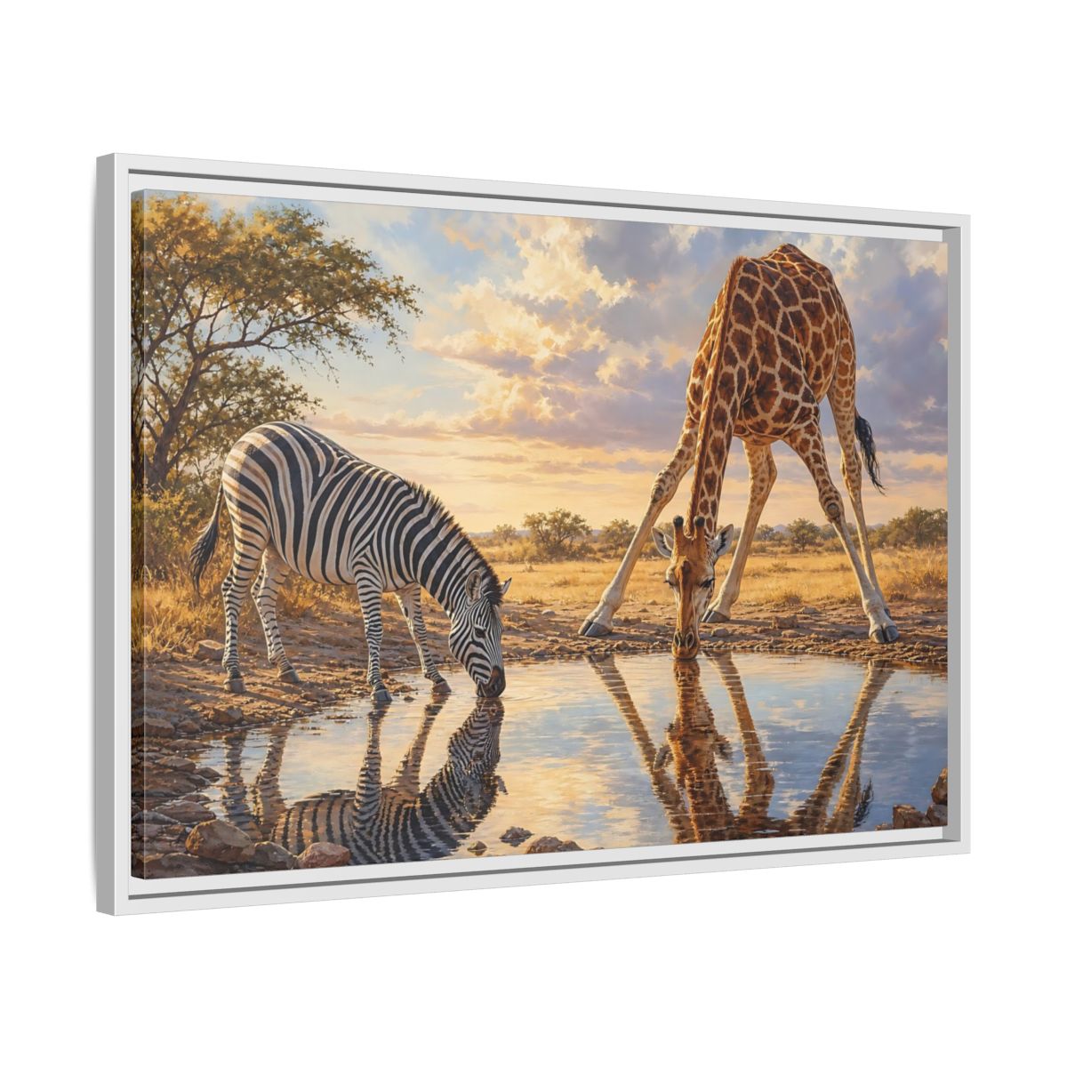 Side Mockup 10. Animals Zebra, Giraffe Safari Animals Sunset shown as stretched canvas wall art