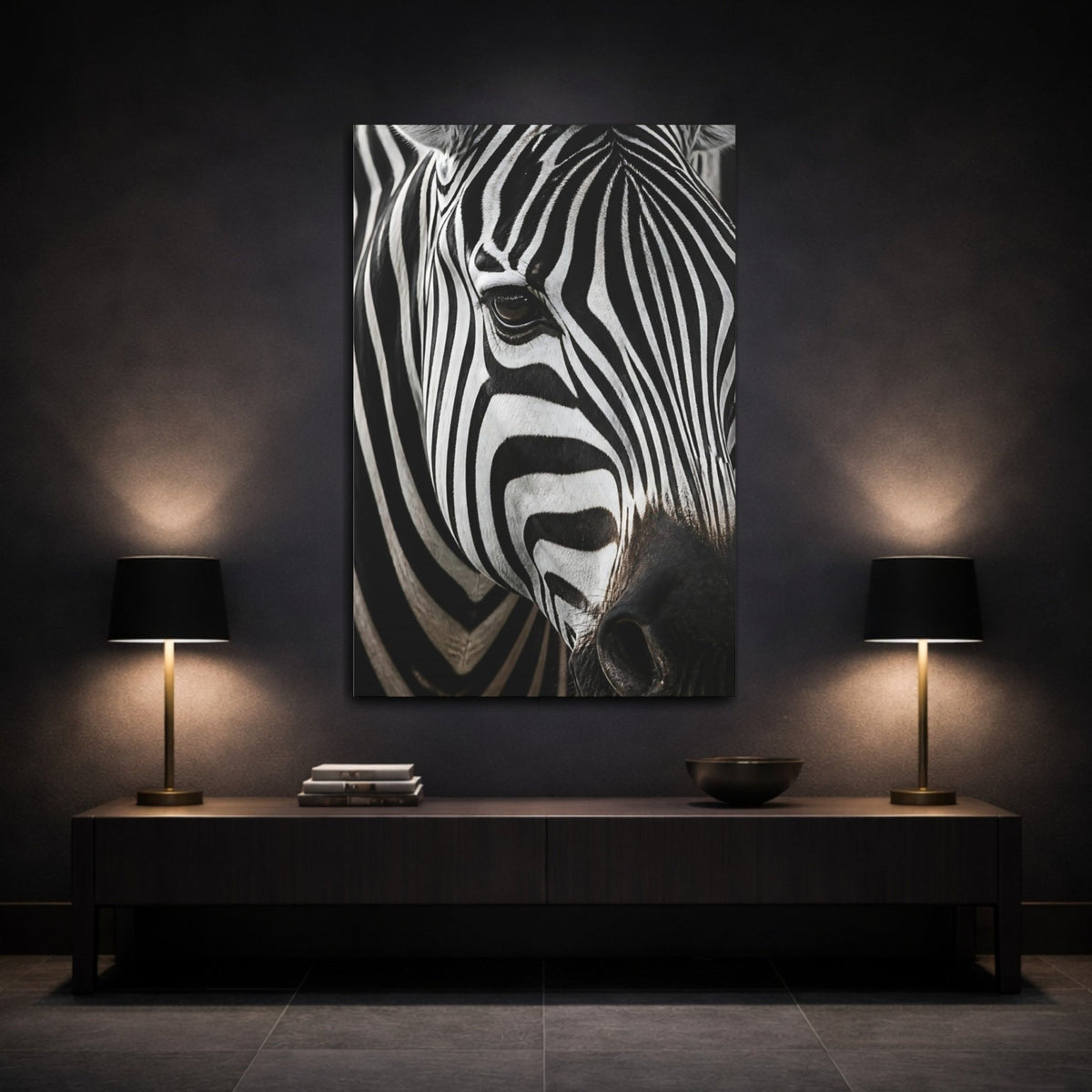 Animals Zebra Portrait Close-Up Canvas Print – Living Room, Above Couch, Black And White - YesArtYes