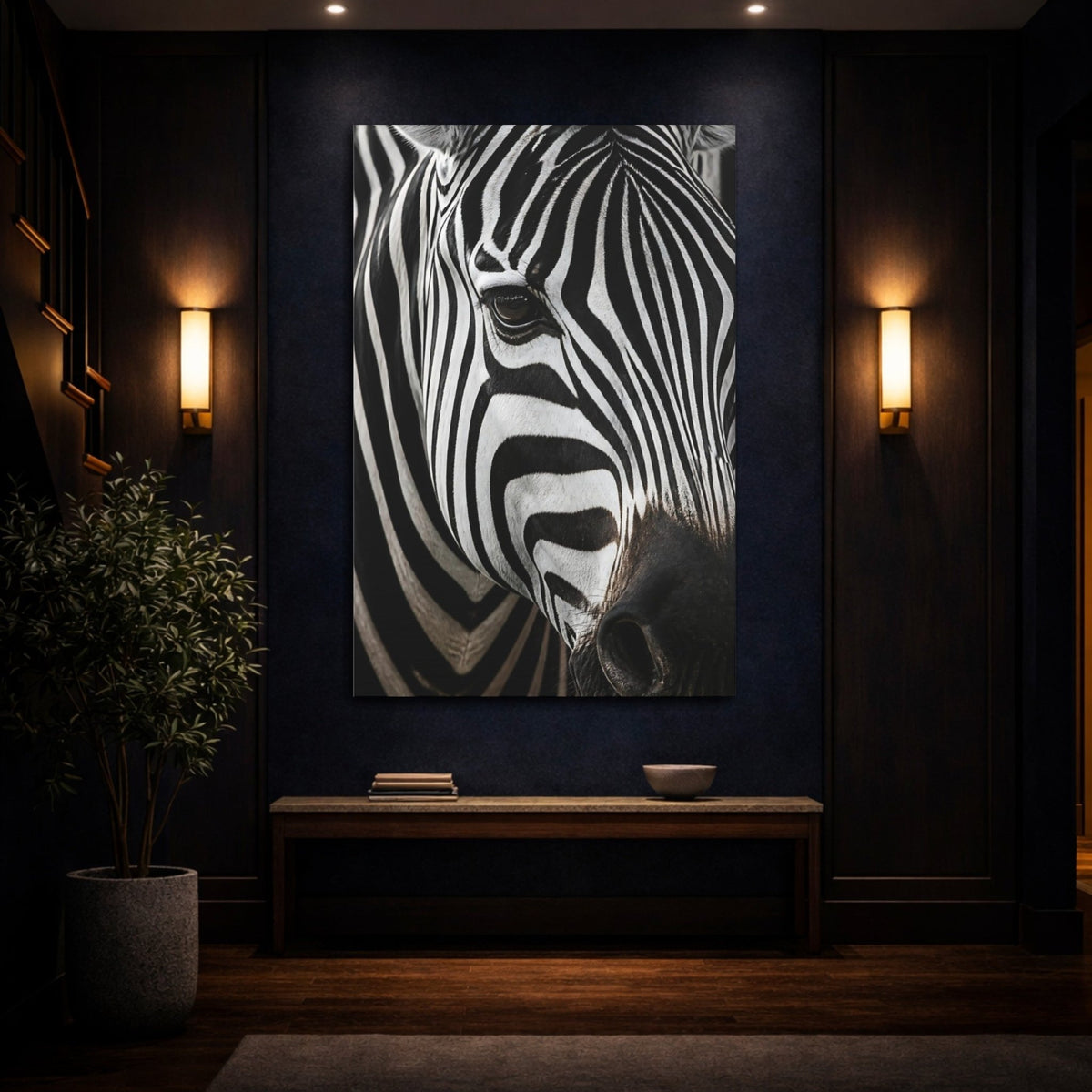 Animals Zebra Portrait Close-Up Canvas Print – Living Room, Above Couch, Black And White - YesArtYes