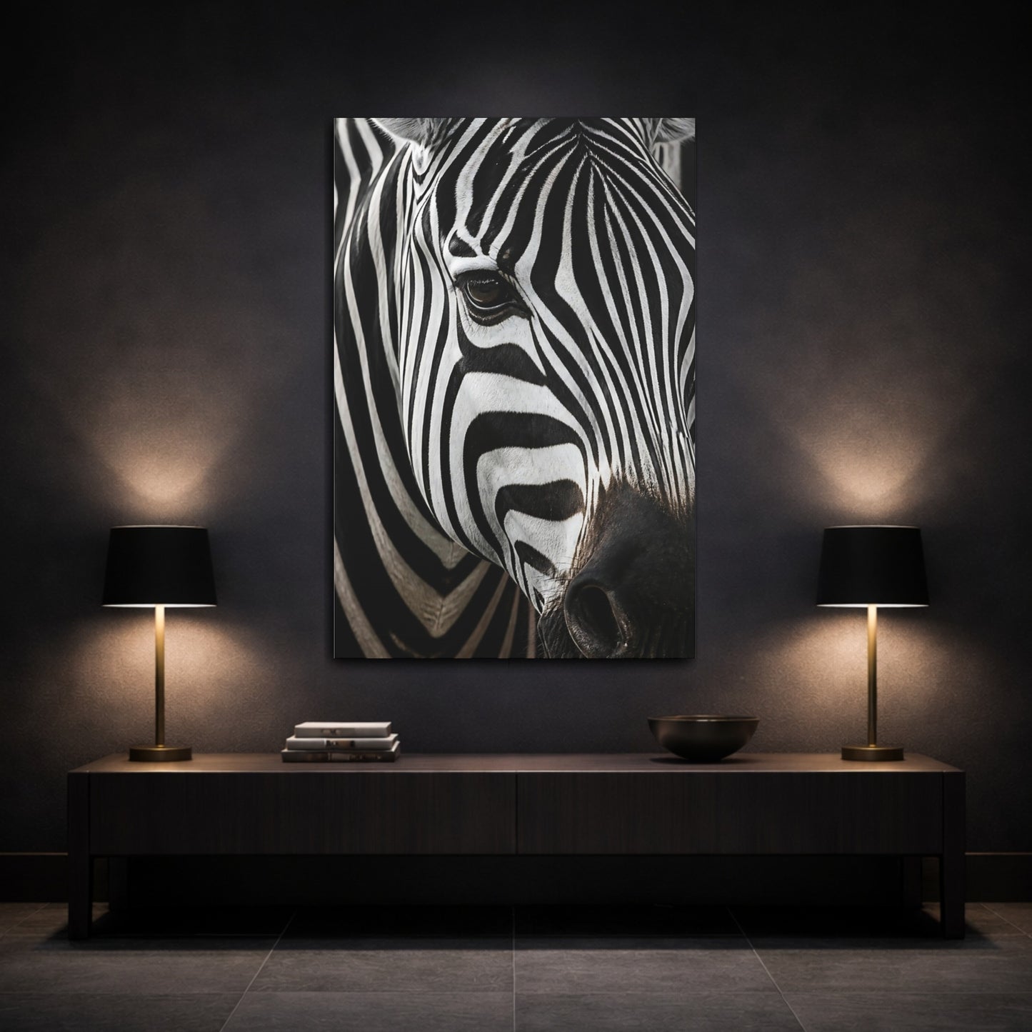 Mockup 3. Animals Zebra Portrait Close-Up shown as canvas print