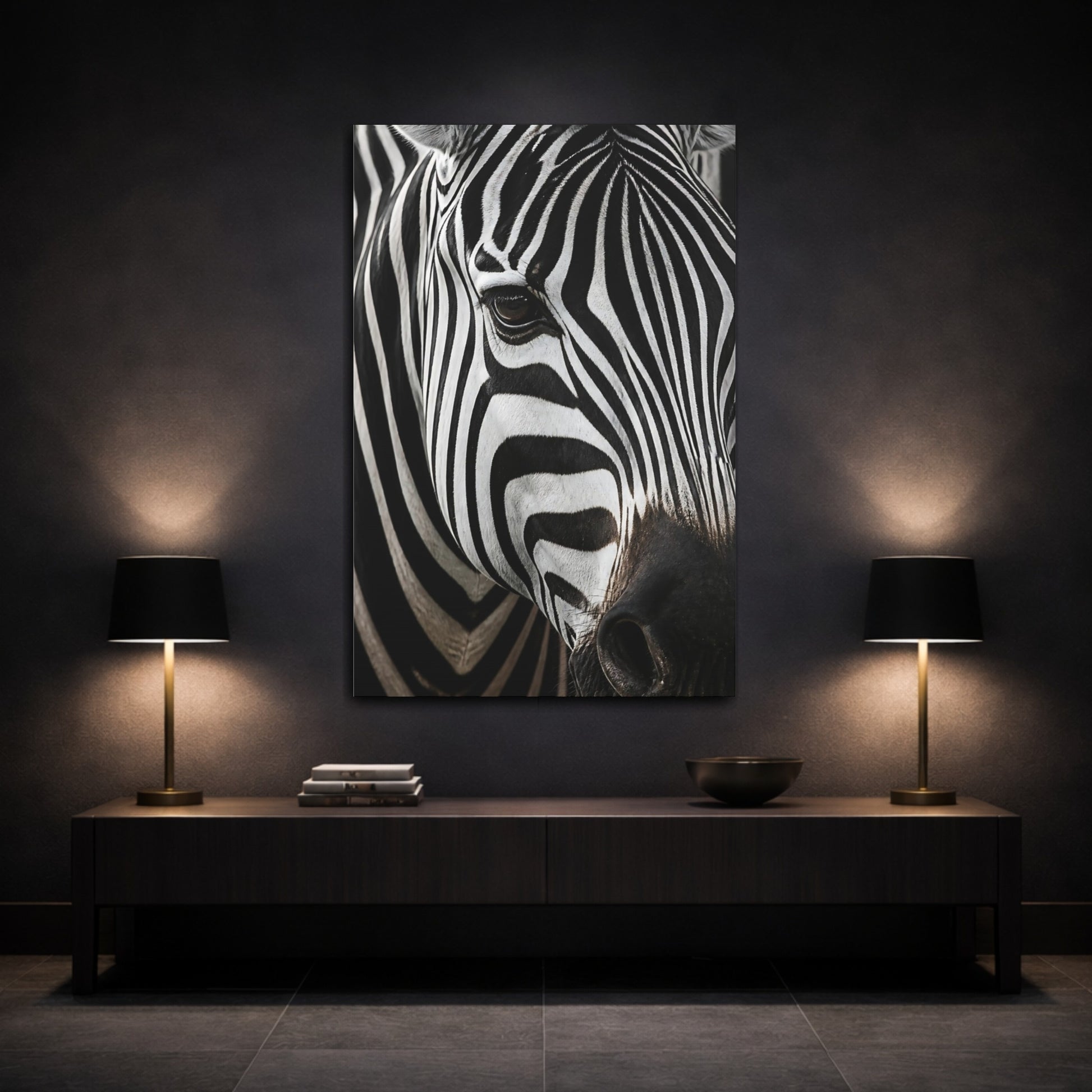 Mockup 3. Animals Zebra Portrait Close-Up shown as canvas print
