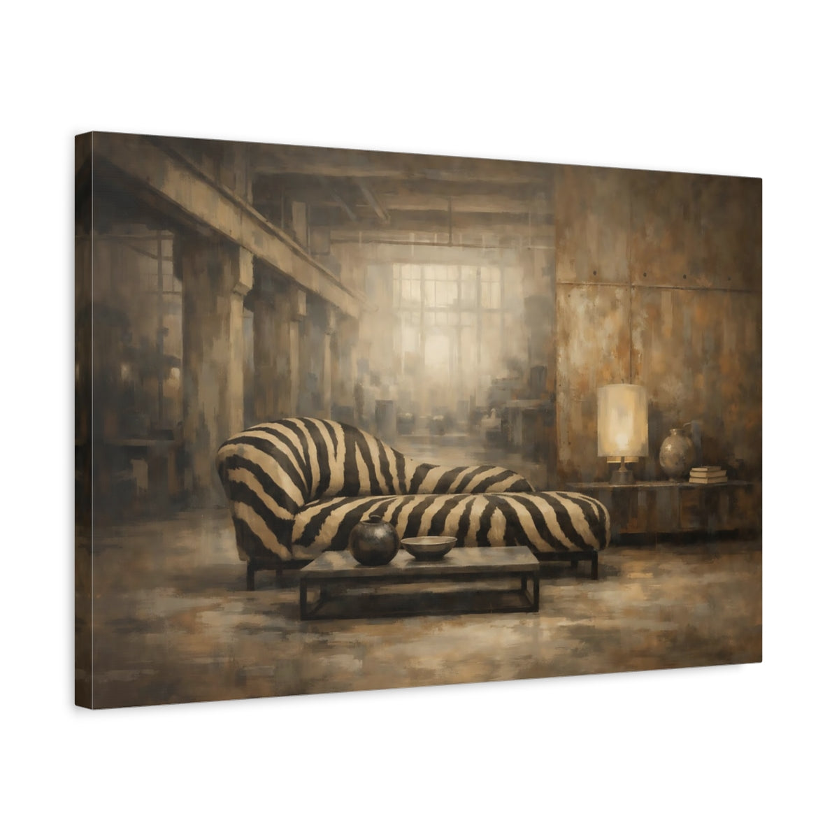 Side Mockup 3. Animals Zebra Print Brown And Black Zebra shown as stretched canvas wall art