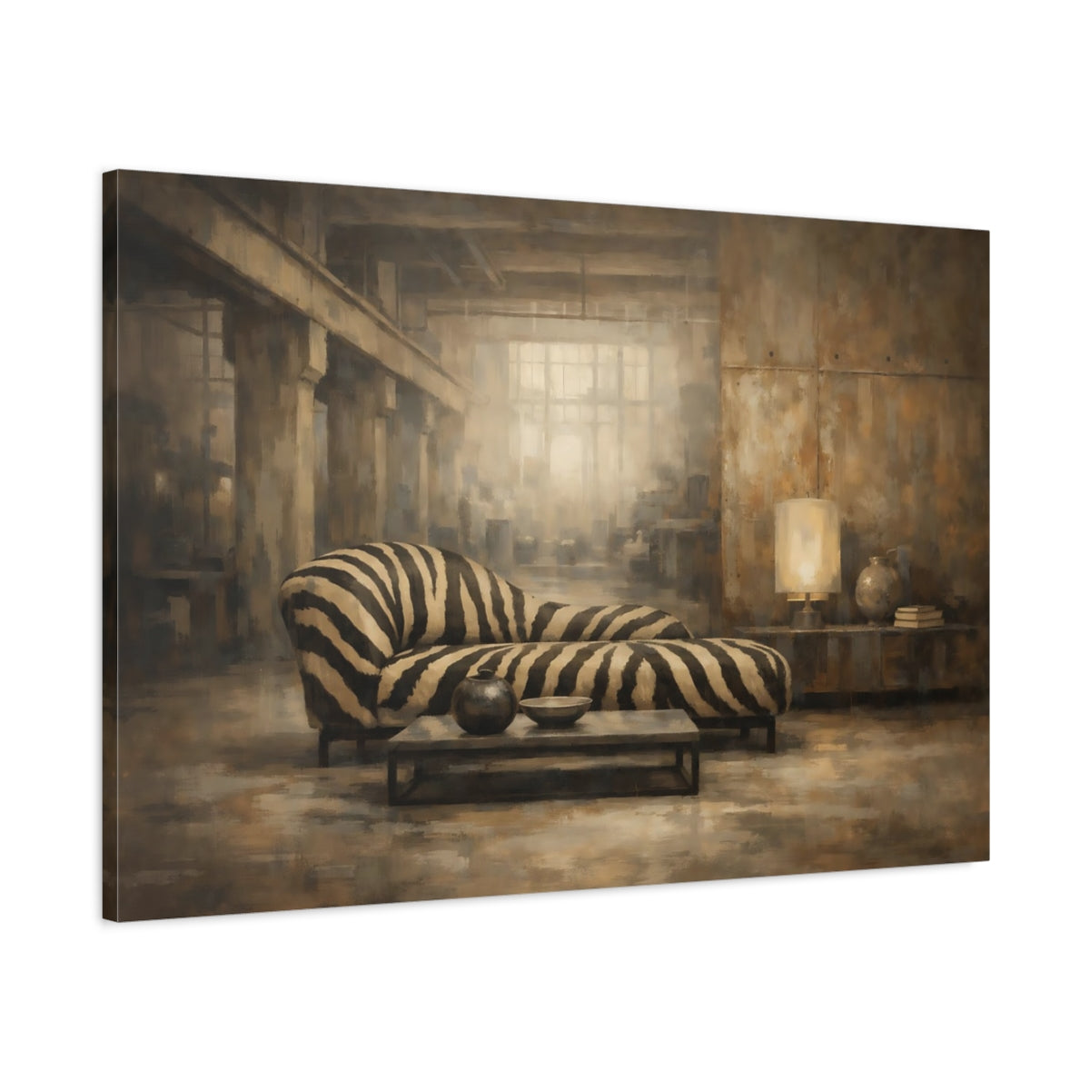 Side Mockup 1. Animals Zebra Print Brown And Black Zebra shown as stretched canvas wall art