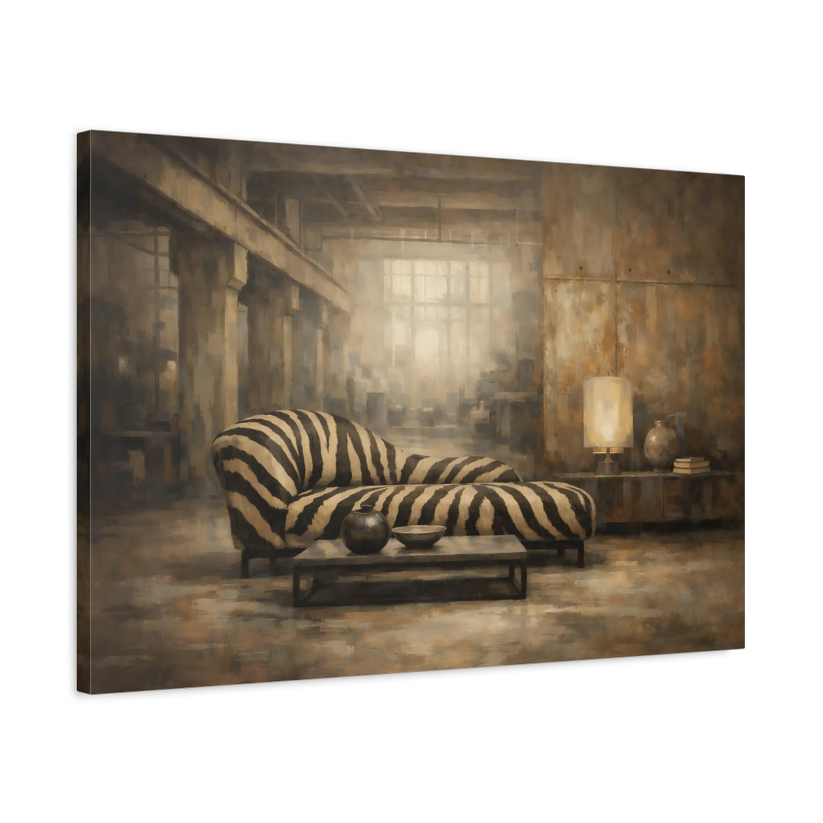 Side Mockup 2. Animals Zebra Print Brown And Black Zebra shown as stretched canvas wall art