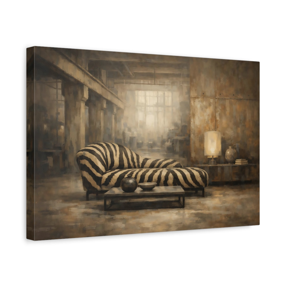 Side Mockup 4. Animals Zebra Print Brown And Black Zebra shown as stretched canvas wall art