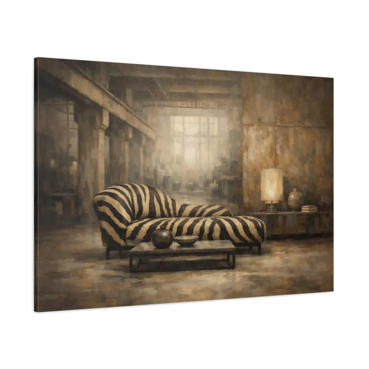Main Mockup. Animals Zebra Print Brown And Black Zebra shown as stretched canvas wall art