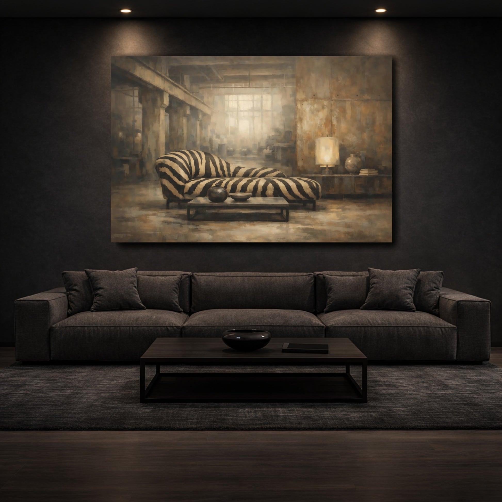 Mockup 2. Animals Zebra Print Brown And Black Zebra shown as stretched canvas wall art