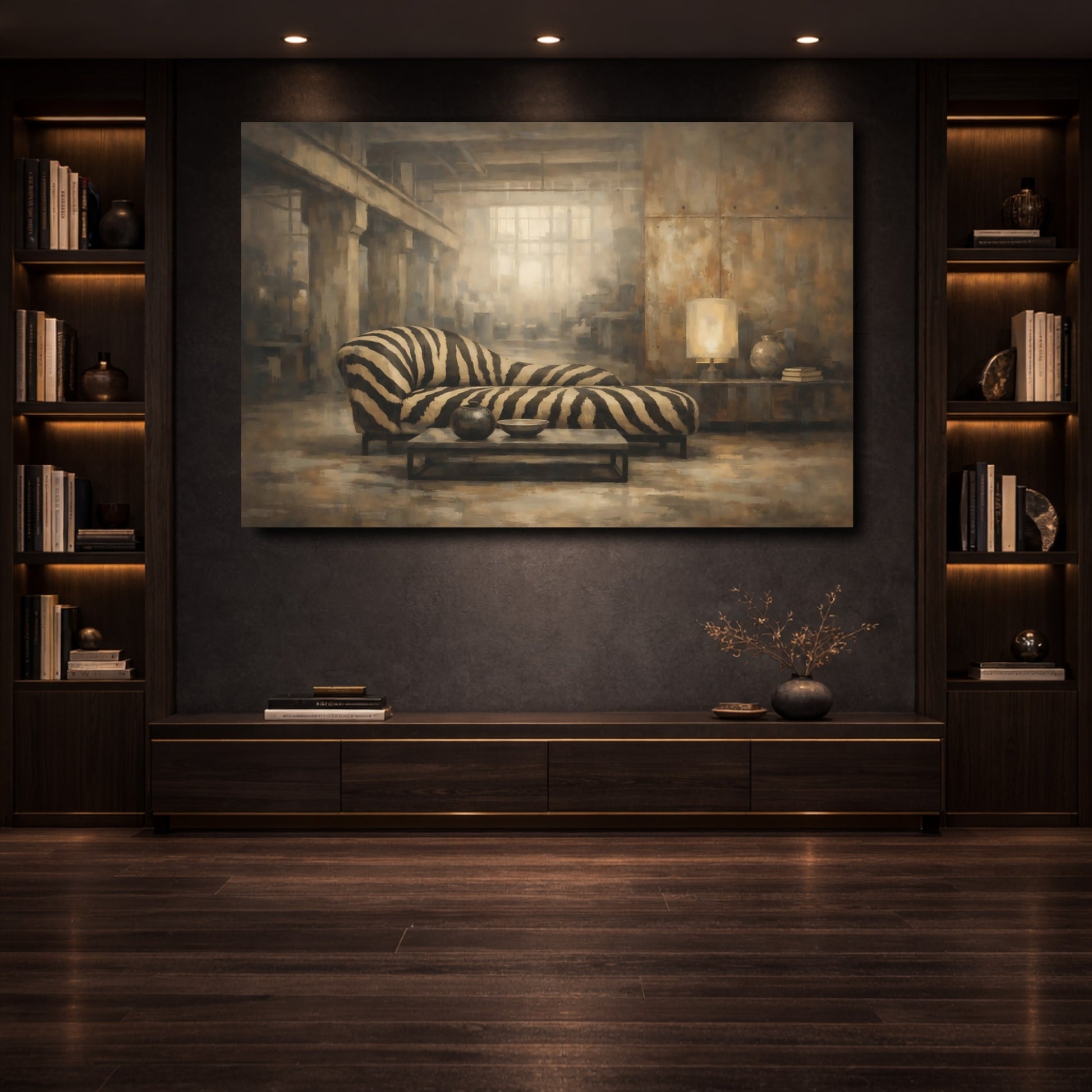 Mockup 3. Animals Zebra Print Brown And Black Zebra shown as stretched canvas wall art