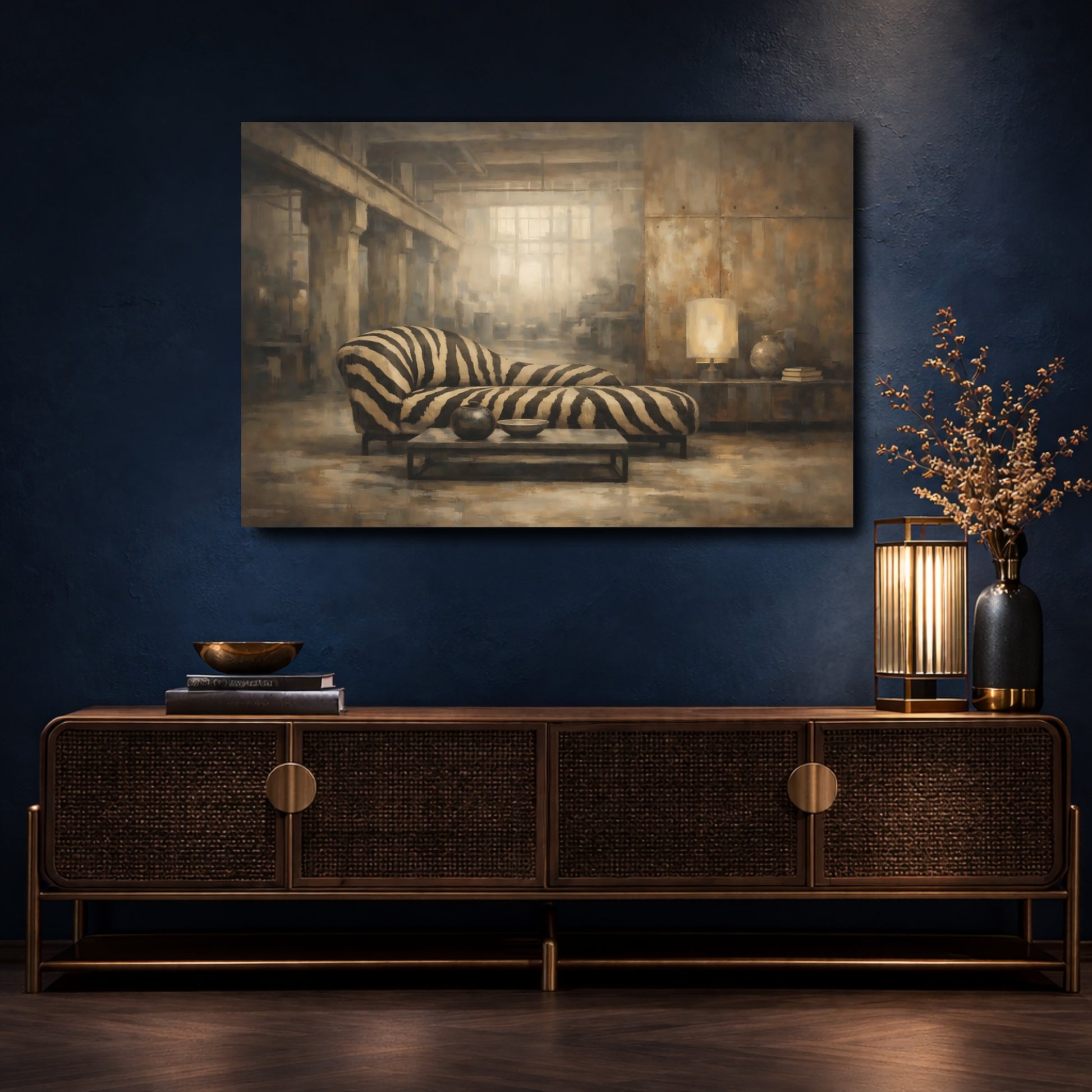 Mockup 4. Animals Zebra Print Brown And Black Zebra shown as stretched canvas wall art