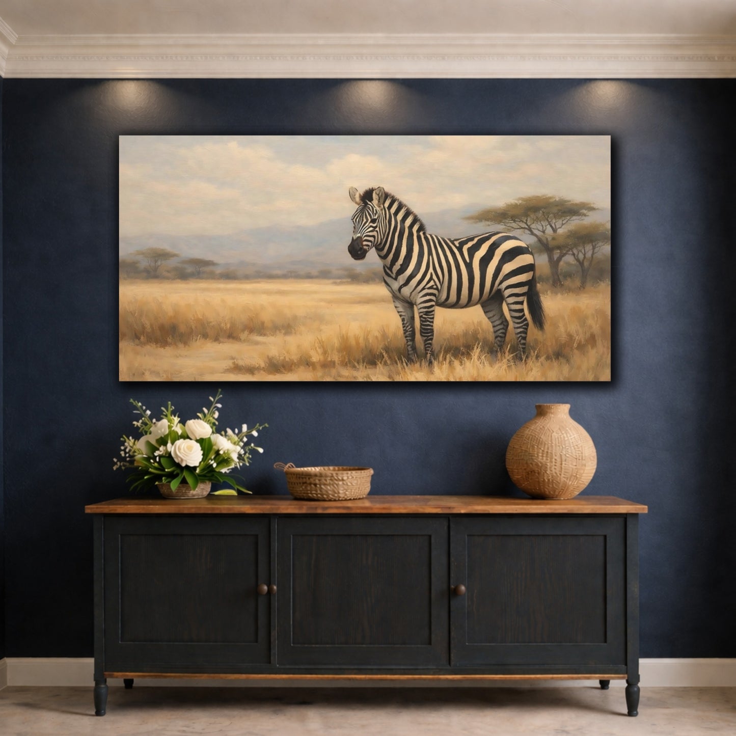 Mockup 4. Animals Zebra Zebra Savanna shown as stretched canvas wall art