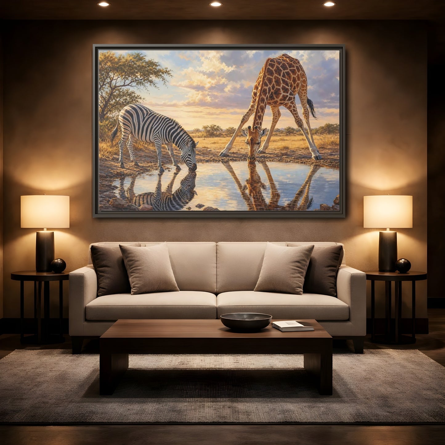 Mockup 2. Animals Zebra, Giraffe Safari Animals Sunset shown as stretched canvas wall art