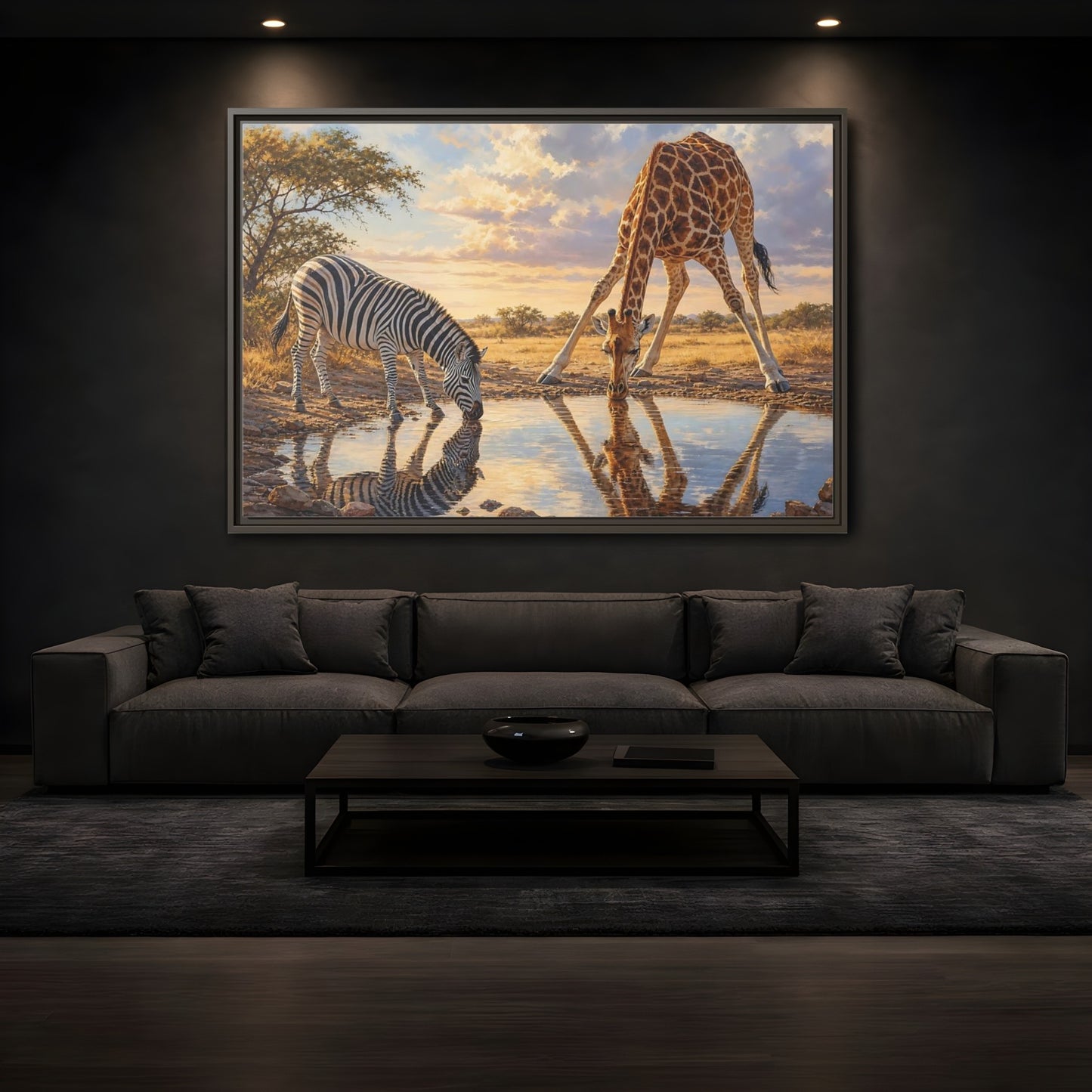 Mockup 3. Animals Zebra, Giraffe Safari Animals Sunset shown as stretched canvas wall art