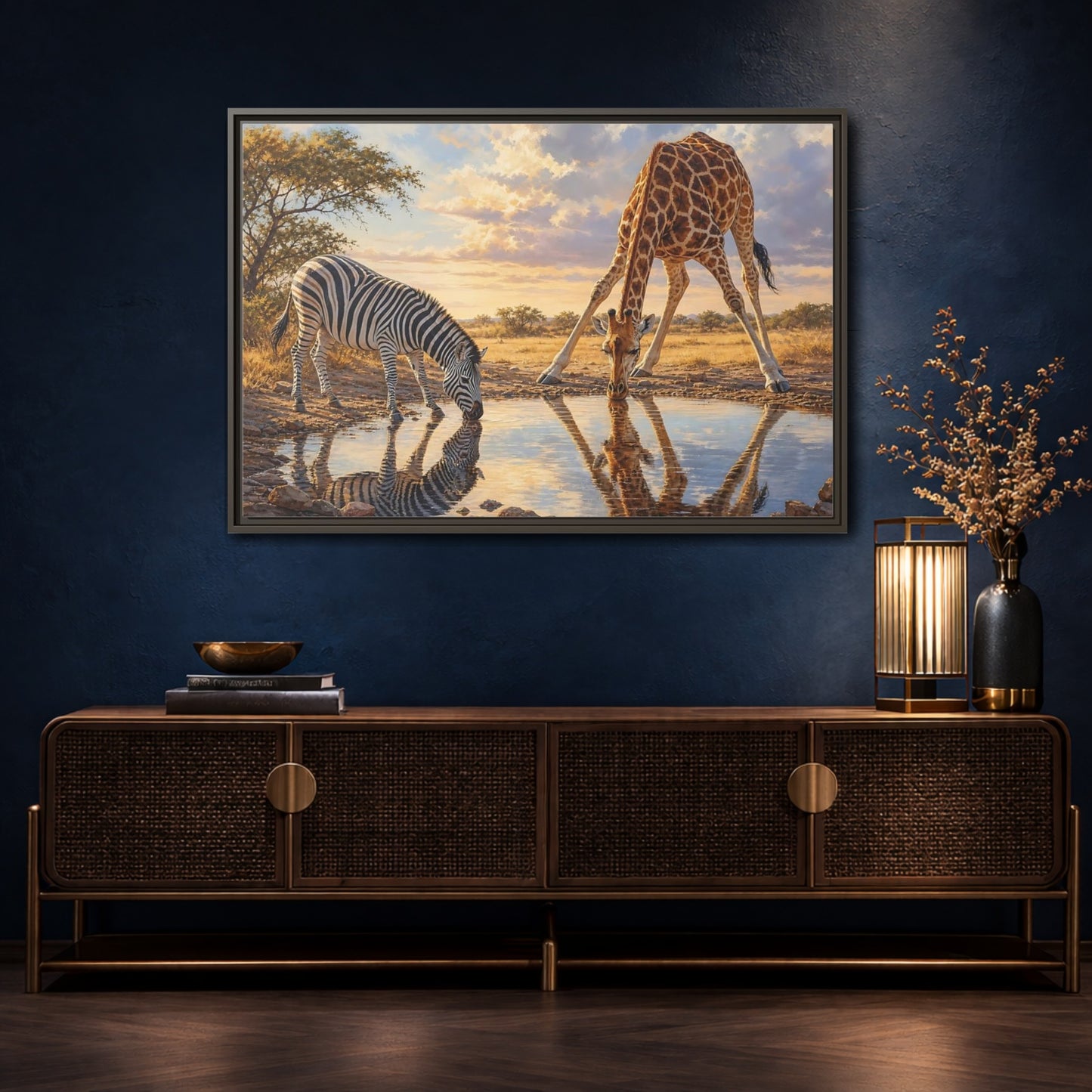Mockup 4. Animals Zebra, Giraffe Safari Animals Sunset shown as stretched canvas wall art
