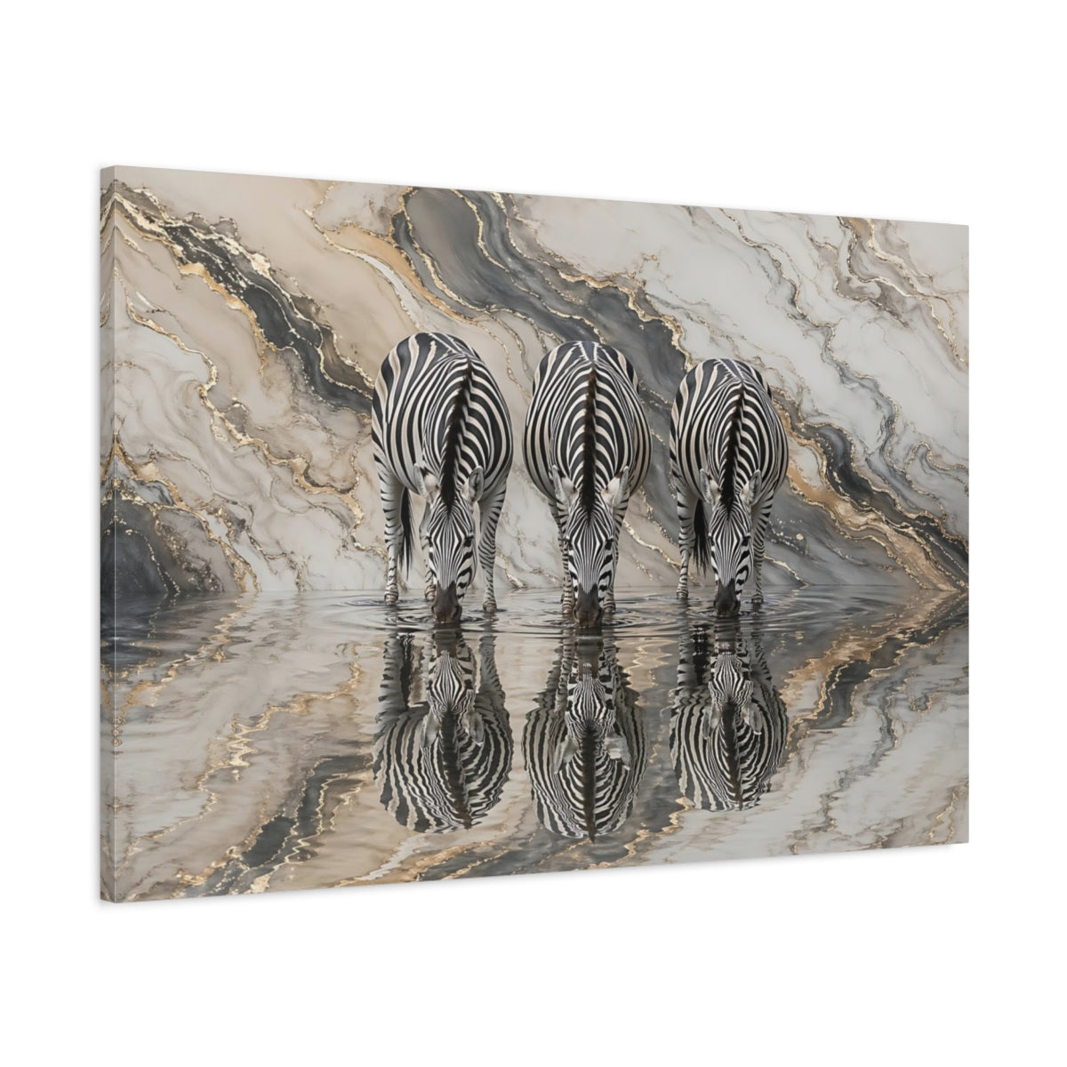 Main Mockup. Animals Zebras Black White Gold shown as stretched canvas wall art