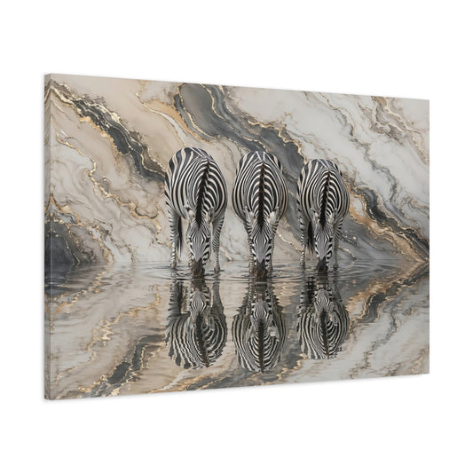 Main Mockup. Animals Zebras Black White Gold shown as stretched canvas wall art