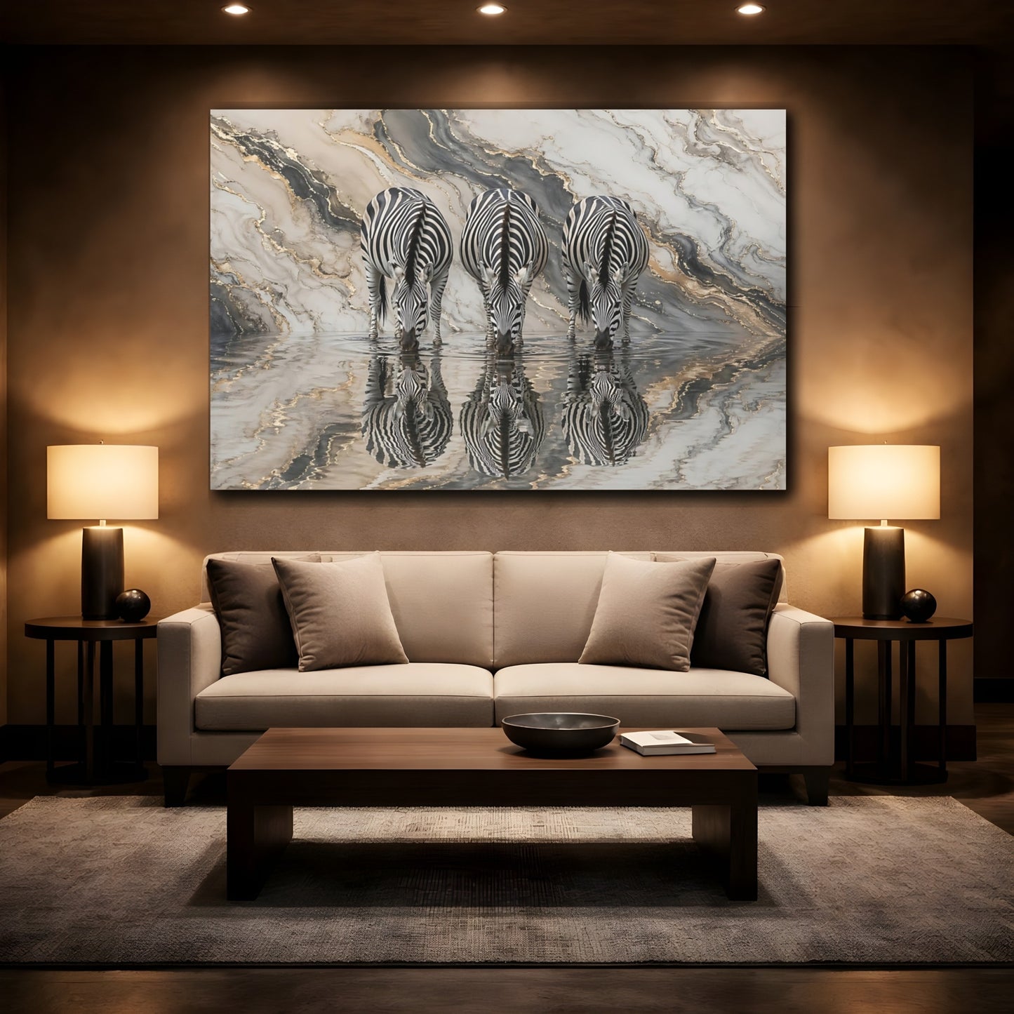 Mockup 2. Animals Zebras Black White Gold shown as stretched canvas wall art