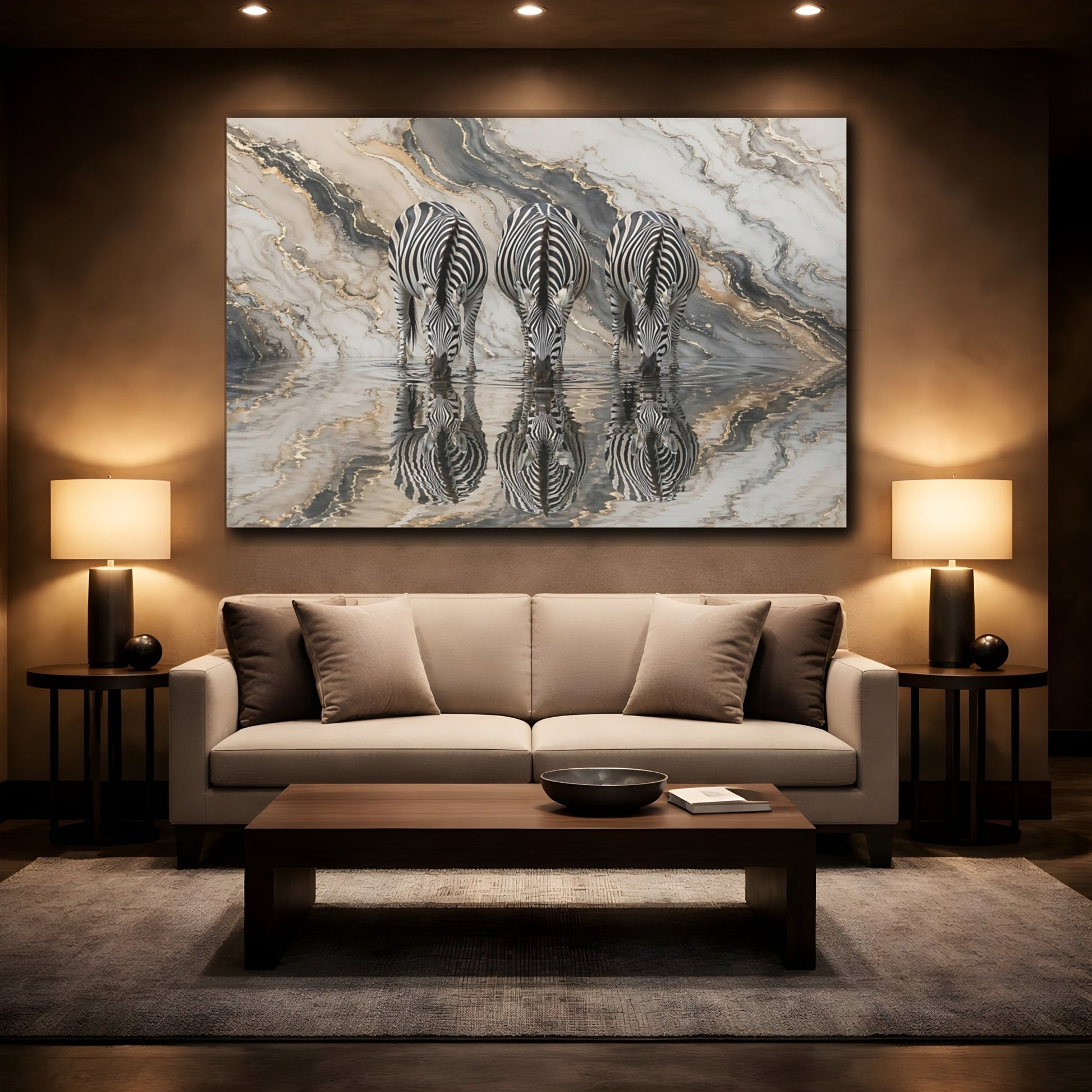Mockup 2. Animals Zebras Black White Gold shown as stretched canvas wall art