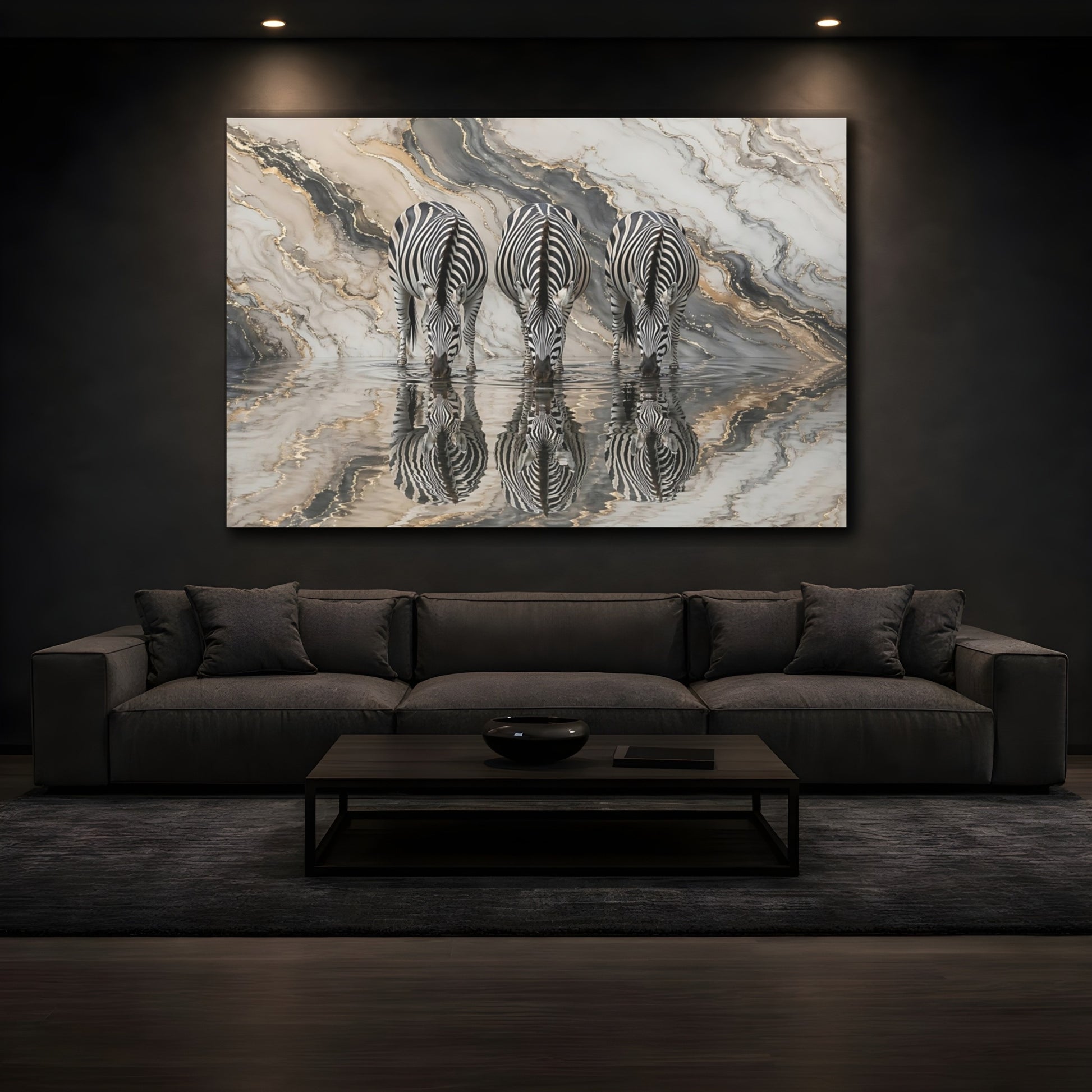 Mockup 3. Animals Zebras Black White Gold shown as stretched canvas wall art