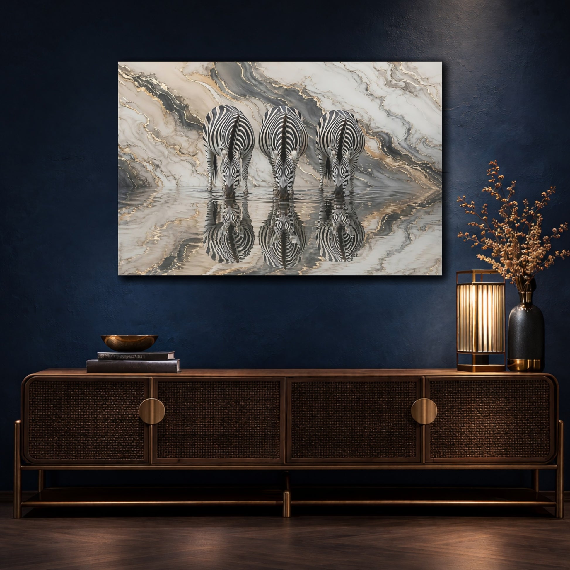 Mockup 4. Animals Zebras Black White Gold shown as stretched canvas wall art