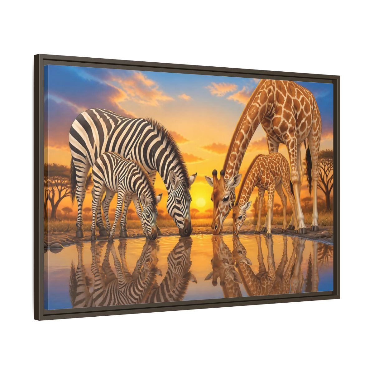 Main Mockup. Animals Zebras Giraffes Safari Animals Sunset shown as stretched canvas wall art