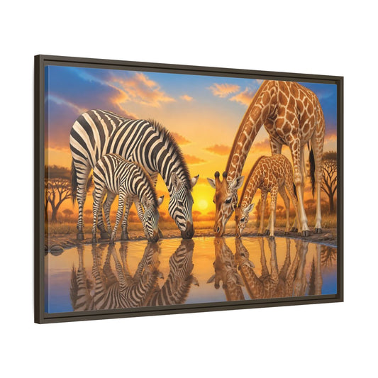 Main Mockup. Animals Zebras Giraffes Safari Animals Sunset shown as stretched canvas wall art