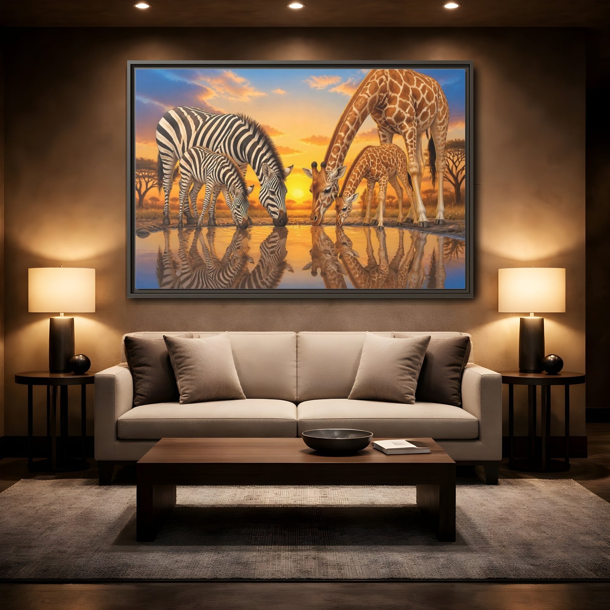 Mockup 2. Animals Zebras Giraffes Safari Animals Sunset shown as stretched canvas wall art